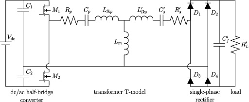 Electrical equivalent circuit model of the wireless power transfer system, including indication of the various components.