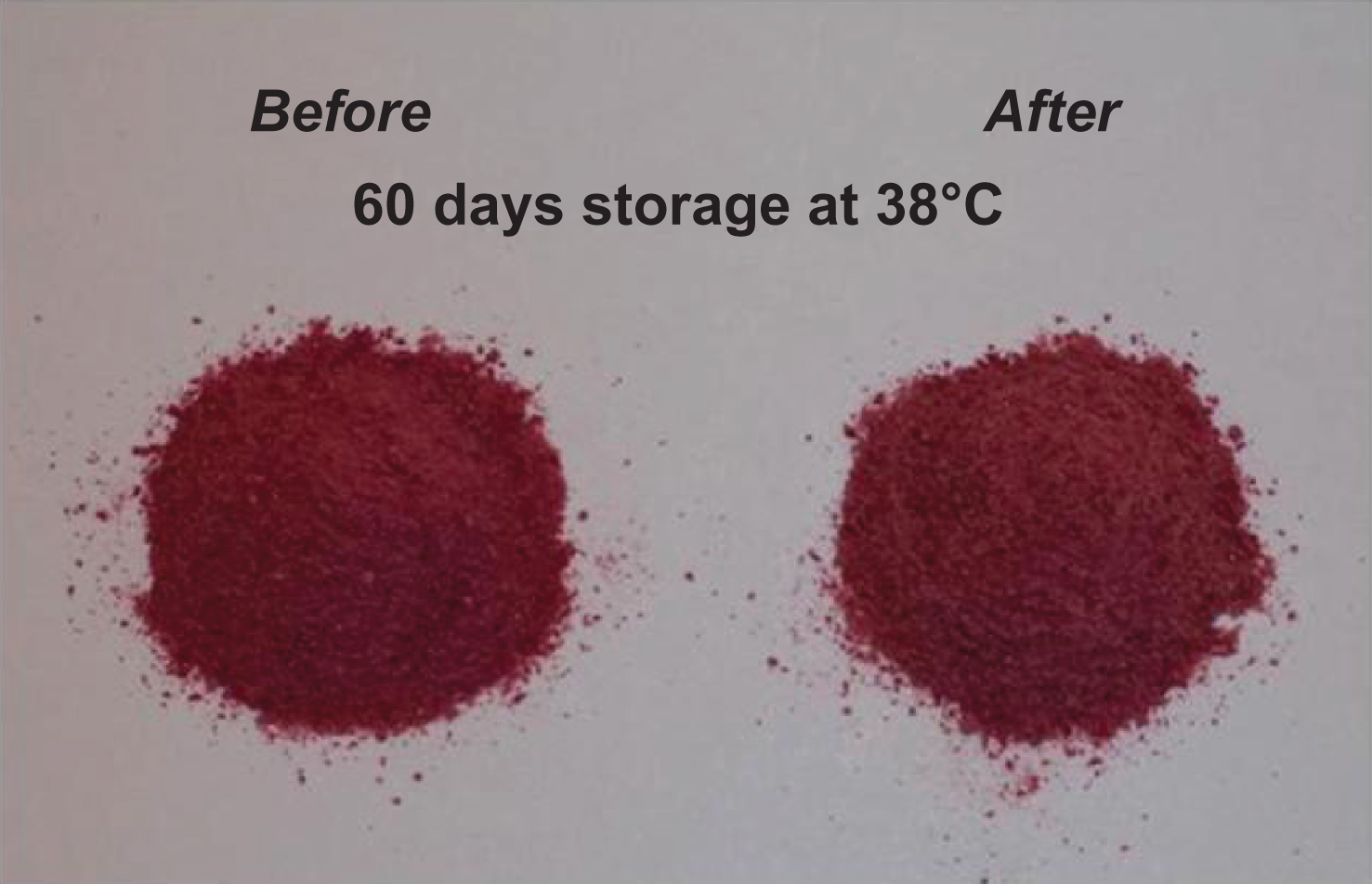 Encapsulated cherry juice powder (aw = 0.10) before and after 60 days storage at 38°C –left side: before storage; right side: after storage.