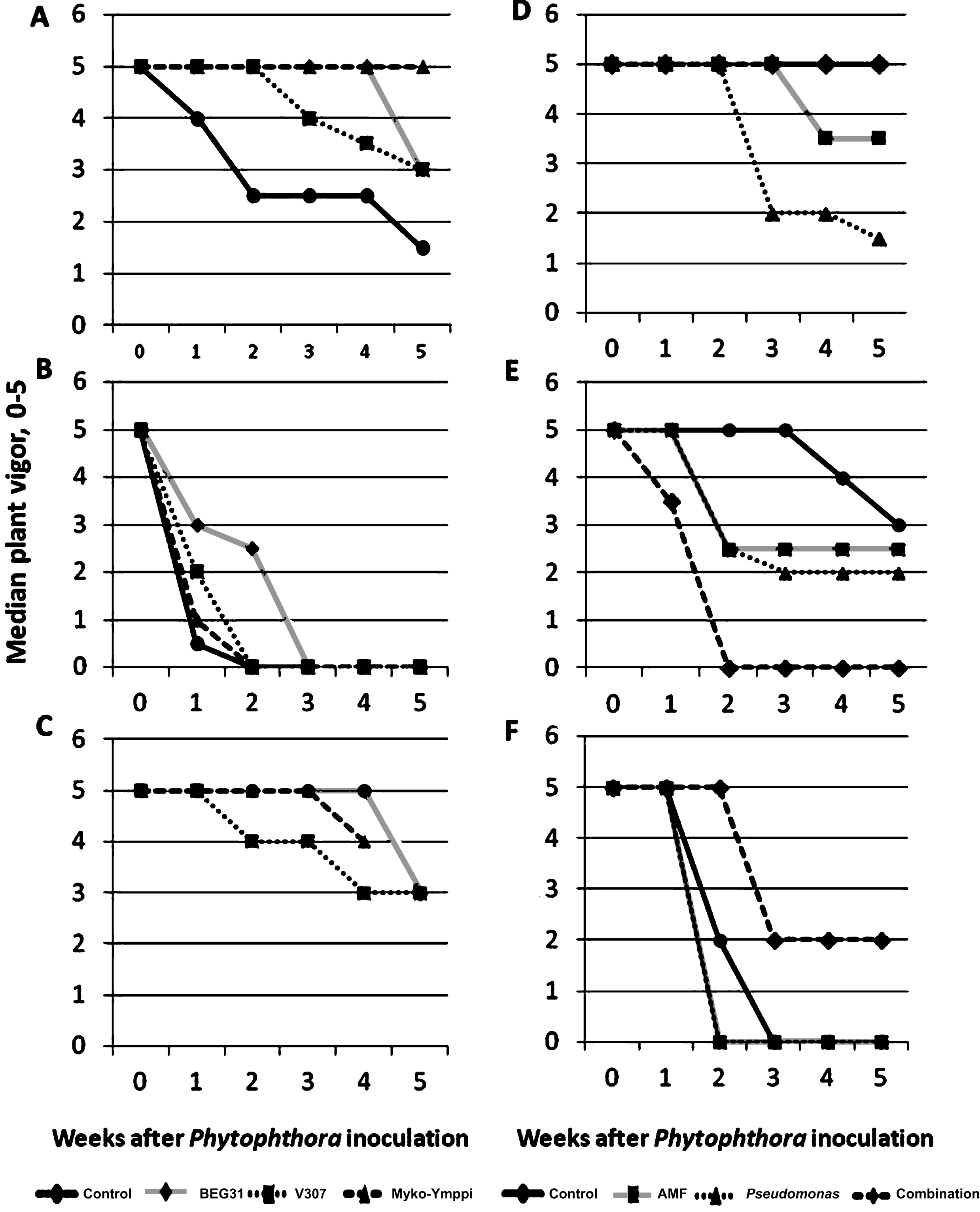 Weekly development of median plant vigor in Phytophthora inoculated plants (N = 6) in Experiments 1 and 3 on different growing media (A,B and C in Experiment 1 and D, E, and F in experiment 3) and under different treatments (3 AMF strains and a control without AMF inoculation in Experiment 1 and endophytic bacteria, AMF strain, their combination and a control without AMF or endophyte inoculation in experiment 3). Growing media described in Table 2. Myko-Ymppi treatment’s values on growing medium C are missing in the last observation.
