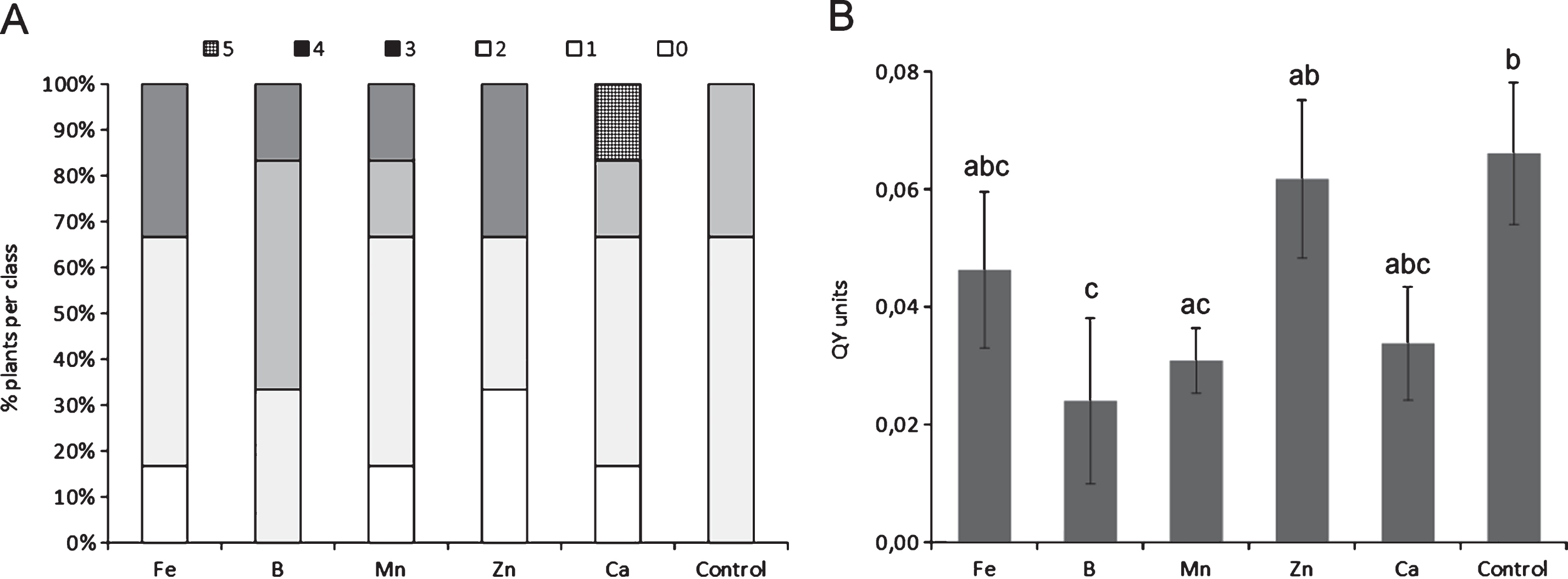 Influence of microelement excess on bacterial canker symptoms development (A) and photosynthetic quantum yield (B), one month after inoculation. Different letters indicate significant differences according to Fisher’s LSD test (P < 0.05).