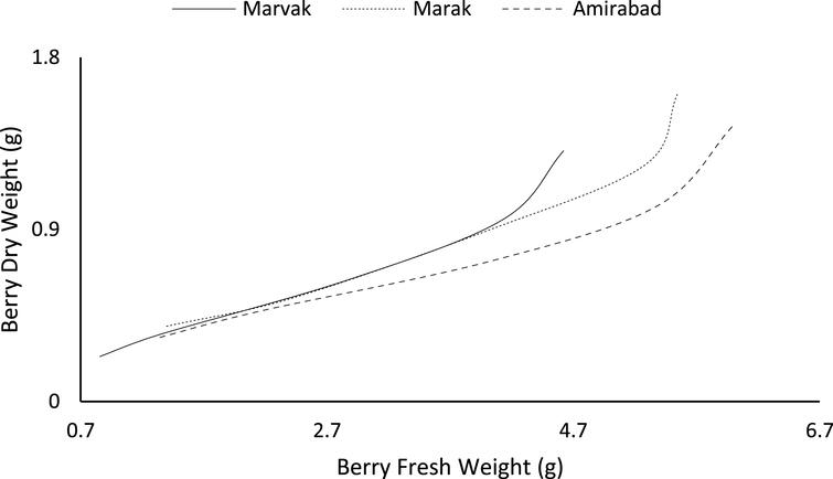 Changes in dry weight during vs. fresh weight of fruit.