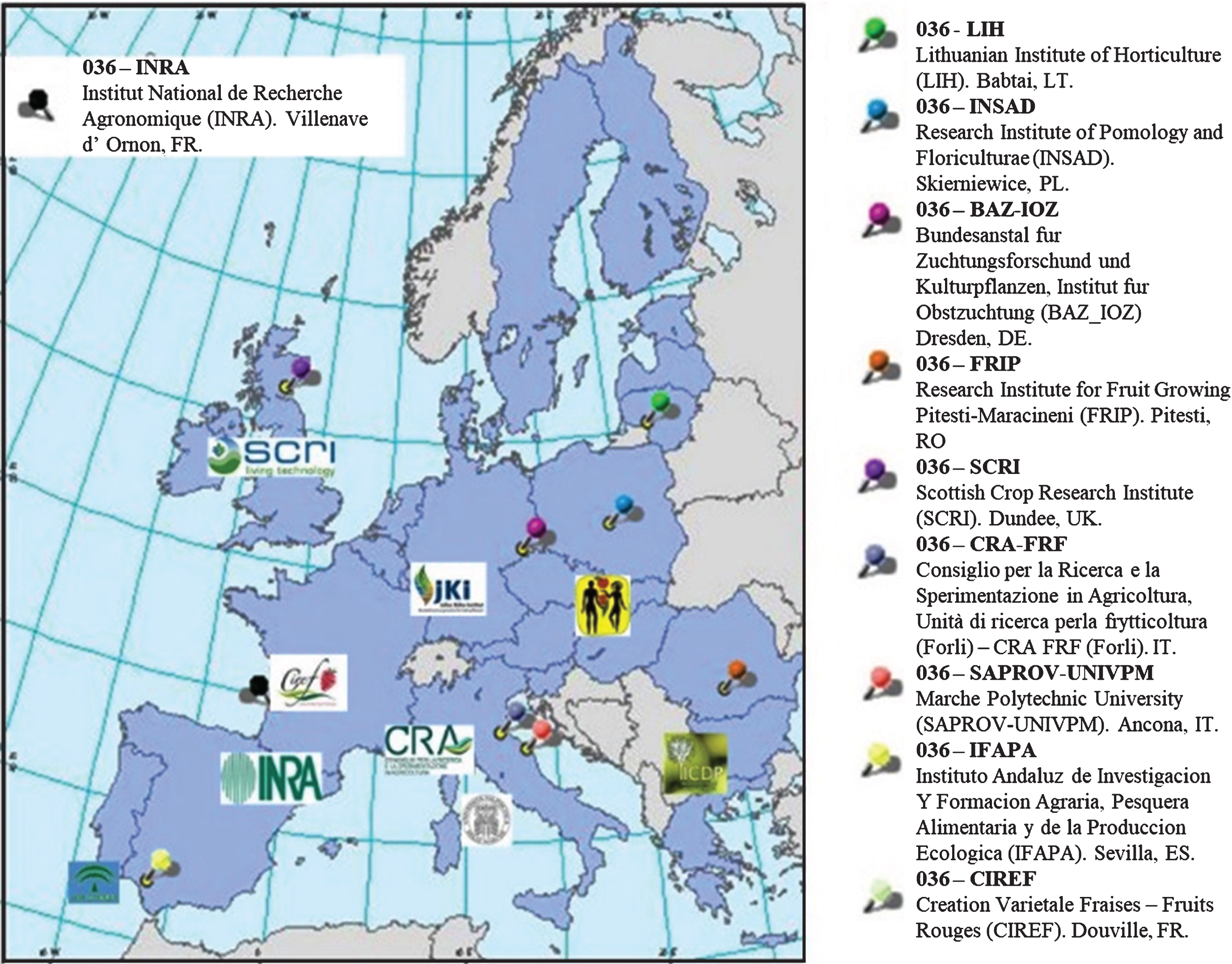 List and map of locations of the EU strawberry germplasm repository.