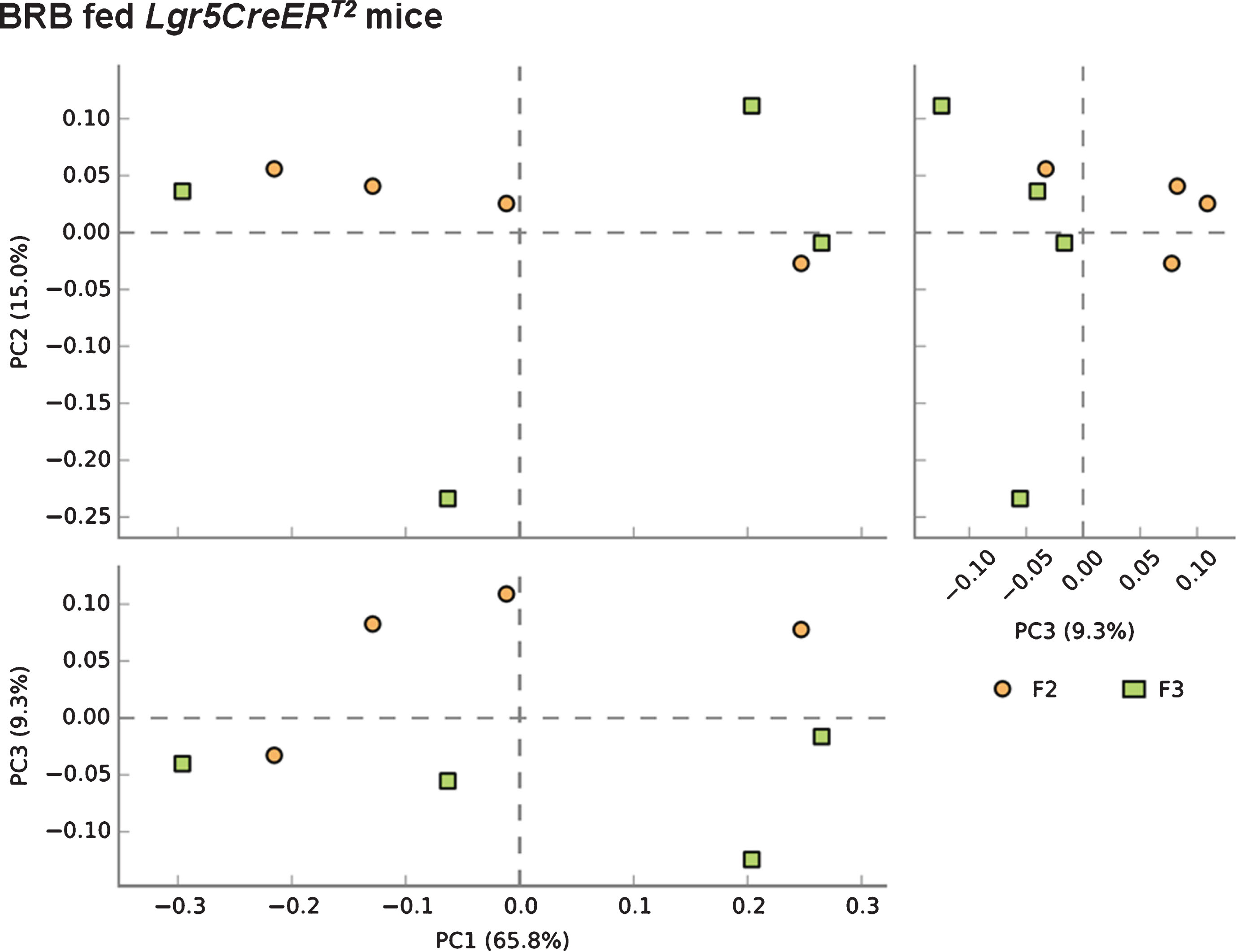 Consumption of BRB diet prior to the loss of Apc from the ISC reduces the alterations to the microbial composition of the Lgr5CreERT2 Apcfl/fl intestine. A PCA plot comparing faecal communities of BRB diet fed Lgr5CreERT2 Apcfl/fl mice before (; F2) and 20 days following Apc ISC deletion (; F3) demonstrates a clear separation of the two groups when PC1 vs PC3 and PC2 vs PC3 are plotted, further supported by PERMANOVA analysis in R. N = 4 mice fed BRB diet per faecal sampling time point, note this is longitudinal faecal sampling from the same mice at different time points.