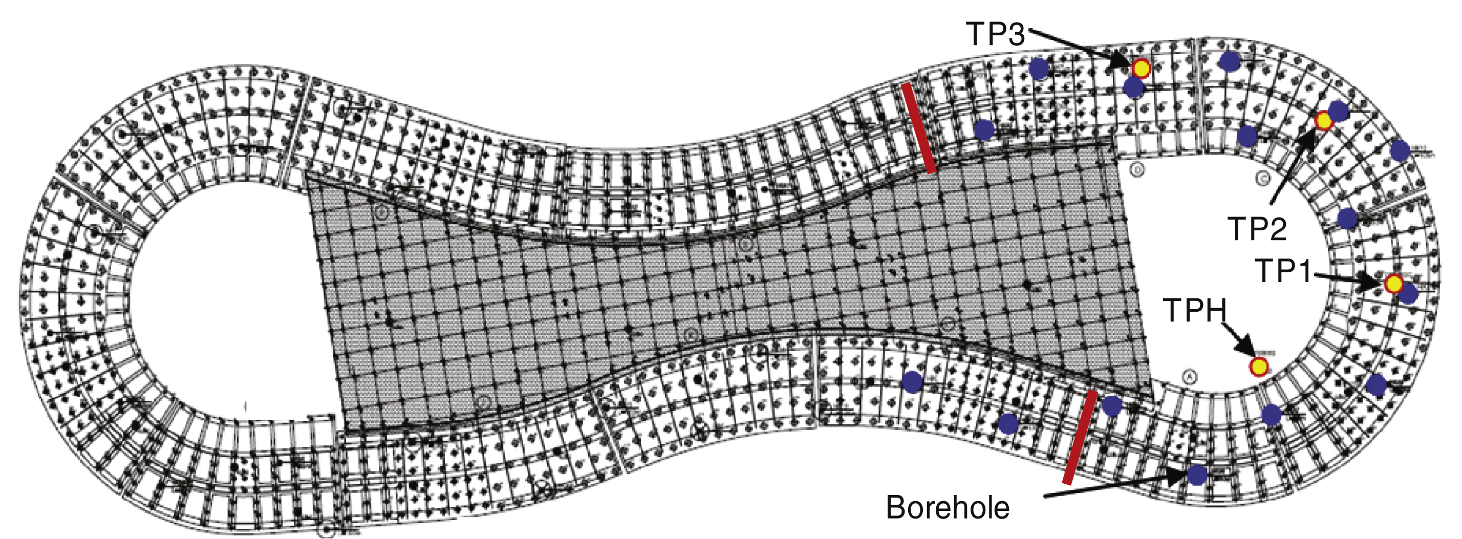 Layout of test piles and Boreholes in phase 1.