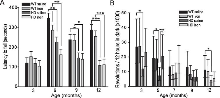 Effect of neonatal iron supplementation on motor test performance in YAC128 HD mice. Mice were supplemented with iron or saline at 10–17 days. A. Rota-rod endurance in YAC128 HD and wild-type mice. YAC128 HD mice have significantly decreased rota-rod motor endurance from 6-months of age compared to wild-type mice. Iron supplementation does not alter rota-rod performance. n = 16–21, B. Spontaneous in-cage wheel running activity. Non-supplemented YAC128 HD mice have decreased wheel activity at 3, 5 and 12 months of age compared to wild-type controls. Iron-supplemented HD mice have increased wheel-running activity at 5-months of age compared to HD controls. P-values: *p < 0.05, **p < 0.01, ***p < 0.001, n = 12.