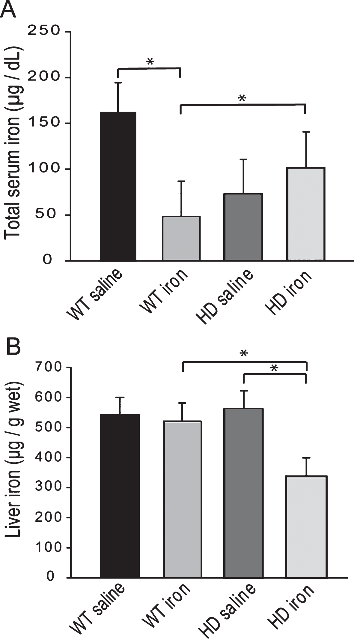 YAC128 HD mice have an altered peripheral response to neonatal iron supplementation. Mice were supplemented at 10–17 days and sacrificed at 1-year of age. A. Neonatal iron supplementation results in decreased serum iron at 1-year of age in wild-type but not YAC128 HD mice. n = 8–10, B. Iron-supplemented YAC128 HD, but not wild-type mice have significantly decreased liver iron at 1-year of age. P-value: *p < 0.05, n = 12–13.