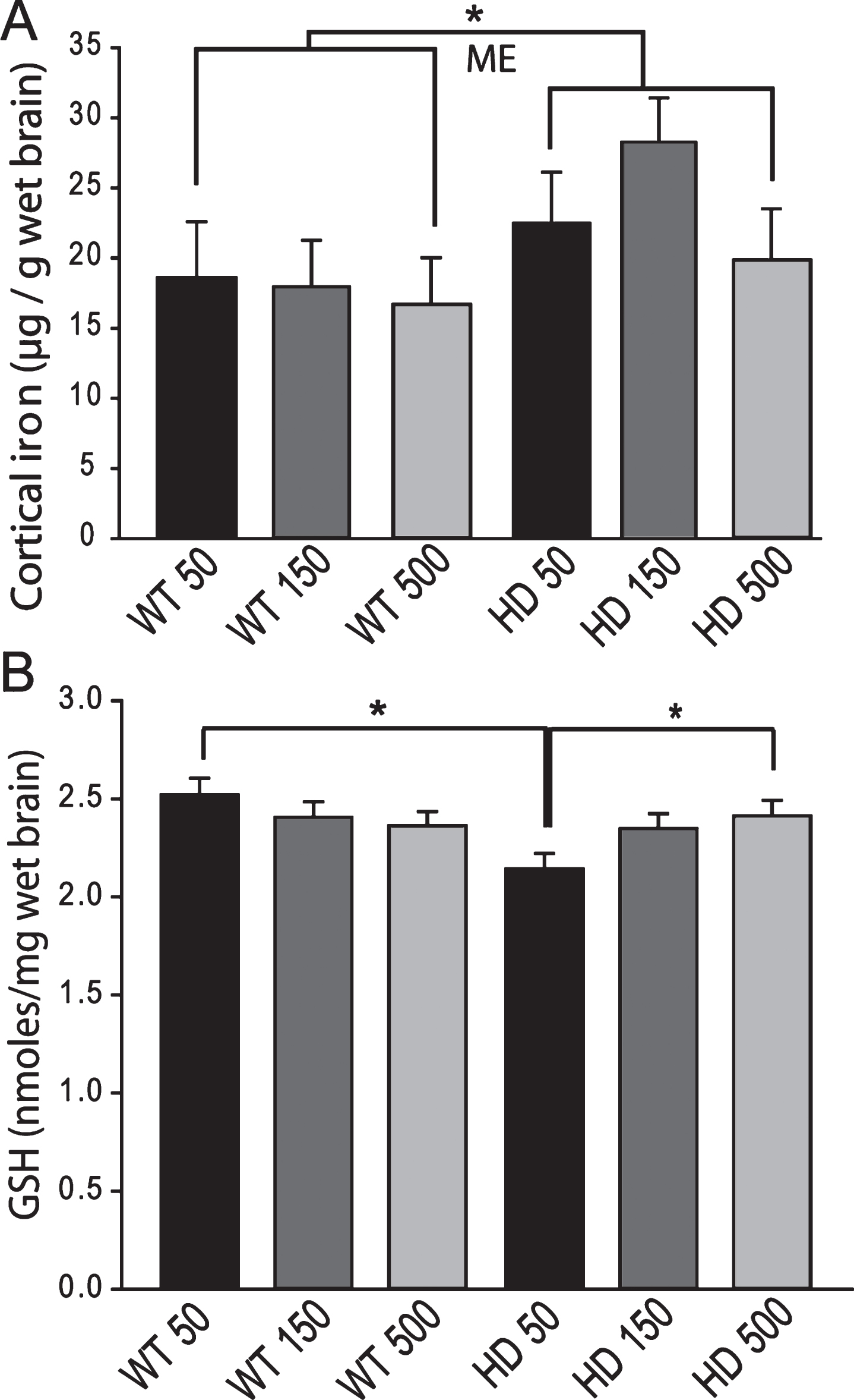 Brain iron and glutathione status in YAC128 HD mice supplemented with different levels of iron as adults. Mice were maintained on diets from 2–12 months of age. A. Cerebro-cortical iron levels are increased in HD mice but are not altered by iron-intake level. There was a significant effect of genotype (ME = main effect comparison). n = 5–9, B. Cortical GSH in wild-type is not altered by iron-intake level. Low versus high iron intake (150 and 500 ppm iron, respectively) results in decreased cortical glutathione in YAC128 mice. P-value: *p < 0.05, n = 9–11.