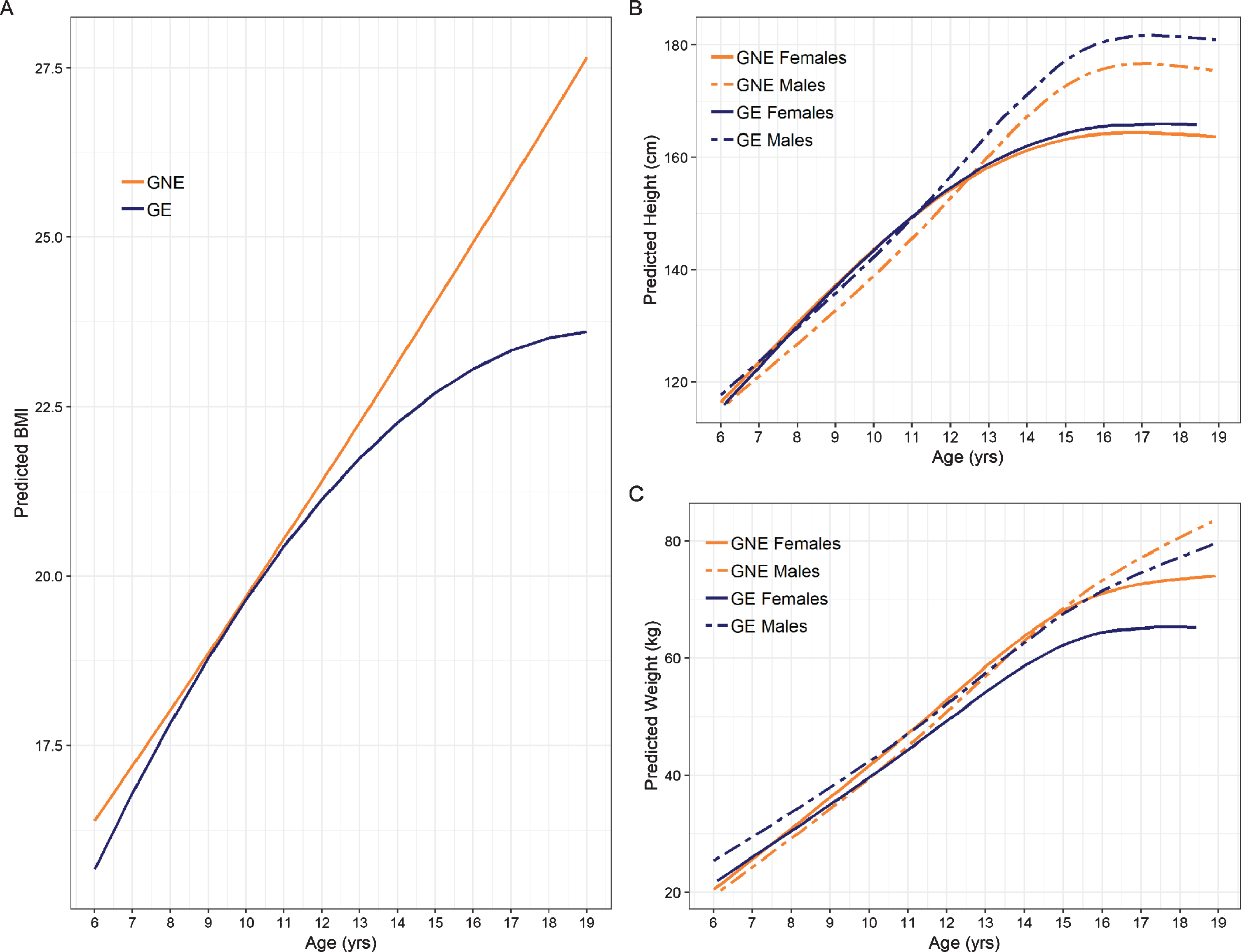 Trajectories of anthropometric growth as a function of gene status and sex. Panel A shows predicted curves for BMI trajectories for GNE (orange) and GE (blue). Note that the mean male and female trajectories are shown, as there was no significant interaction between groups and sex. Panel B illustrates predicted height trajectories across groups and sex, where females are represented by solid lines and males are represented by dashed lines. GE males were significantly taller than their GNE counterparts, while females exhibited similar height across groups. Panel C shows growth curves for weight. GE females weighed less than their GNE counterparts. Weight in males was similar across groups.