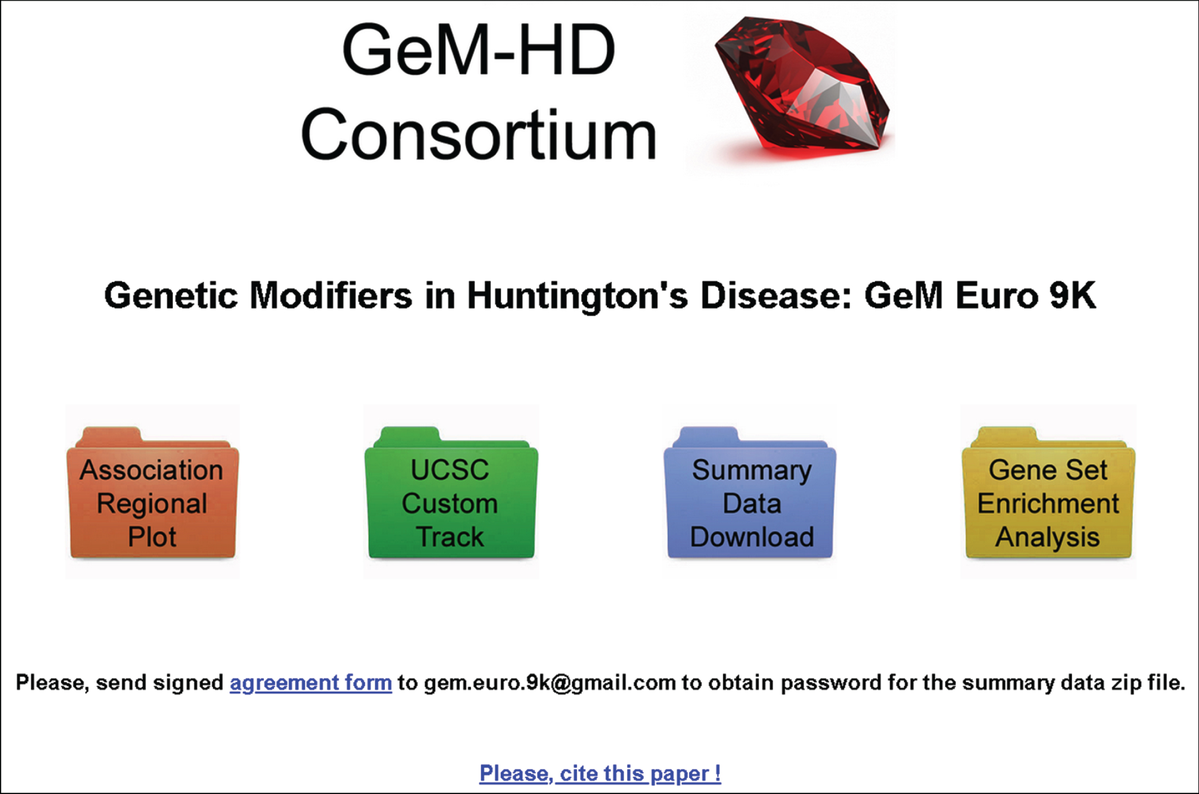 GeM-HD Euro 9K website. The opening page of the GeM-HD Euro 9K website, which can be accessed through HDinHD (https://www.hdinhd.org/), provides links to regional association plots by gene or SNP, to the University of California at Santa Cruz Genome Browser with a custom track for the GWA data, to a summary data download and to a utility that performs Gene Set Enrichment Analysis for user-specified custom gene sets.
