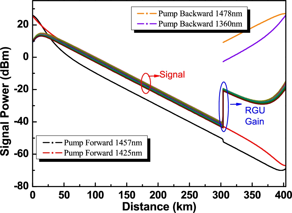 Power distribution of signals and pumps along fiber.