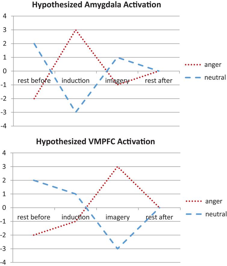 We modeled the hypothesized time course of amygdala and ventromedial prefrontal cortex (VMPFC) activation during anger induction and imagery relative to the neutral conditions. Specifically, we modeled an early increase of amygdala activation during anger induction followed by increased VMPFC activation during anger imagery.