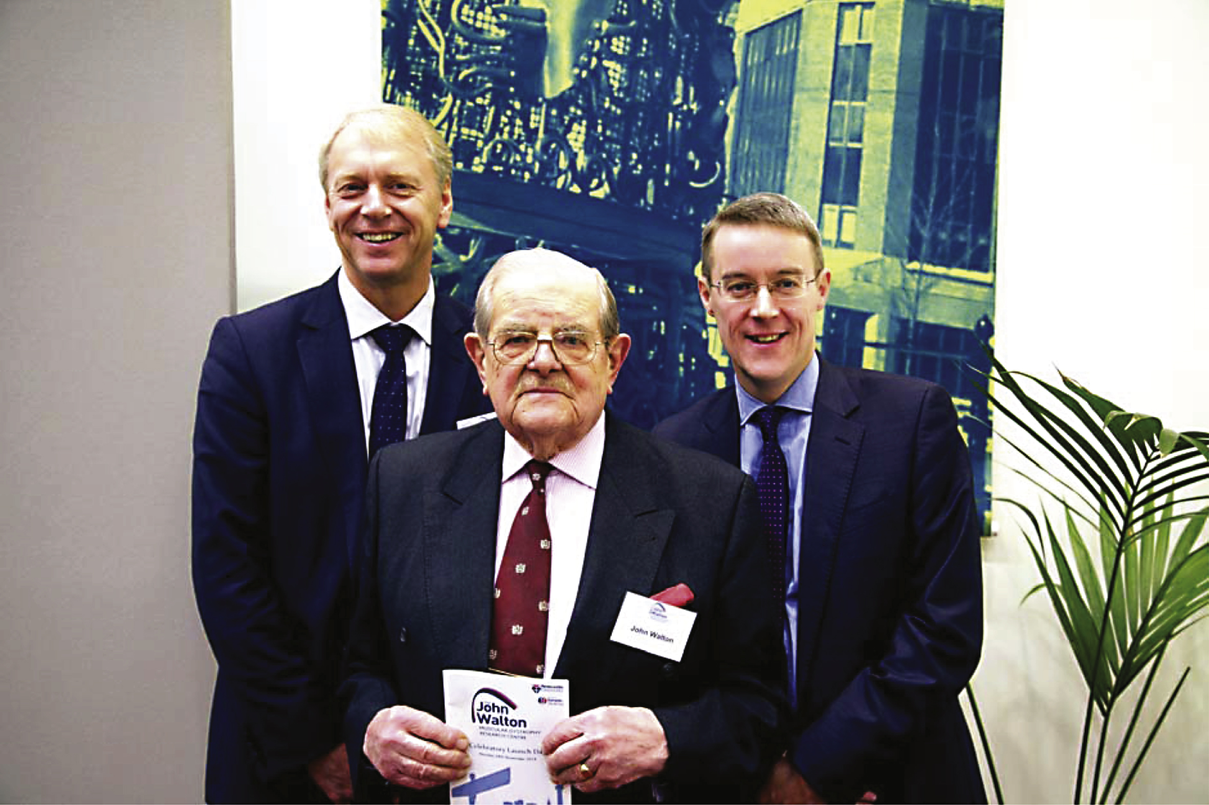 Lord Walton (middle) with Professor Chris Day (Pro-Vice-Chancellor, Faculty of Medical Sciences, Newcastle University, left) and Professor Patrick Chinnery (Director Institute of Genetic Medicine, Newcastle University, right) during the launch of The Newcastle University John Walton Muscular Dystrophy Research Centre on November 24, 2014.