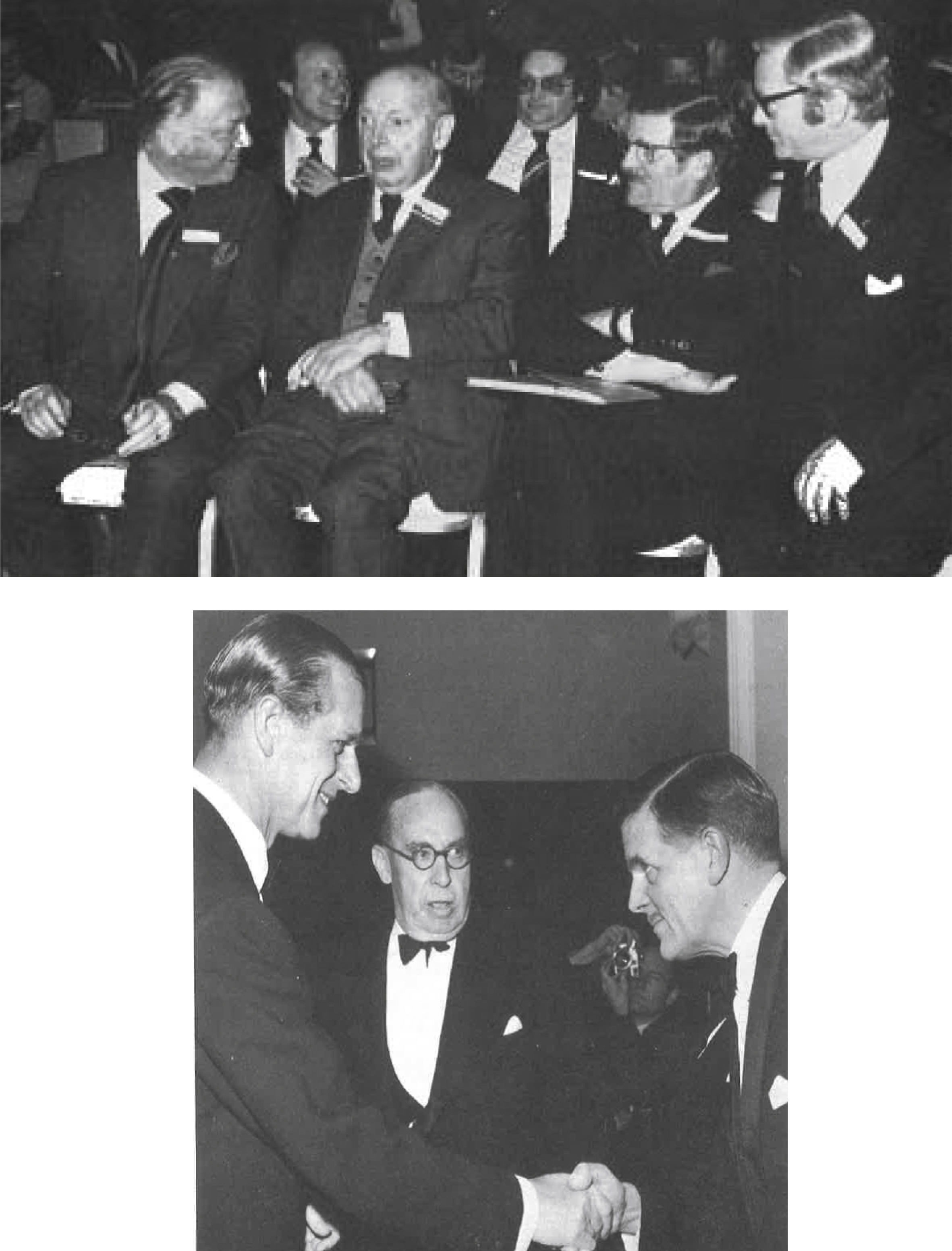 (upper panel, from left): Richard Attenborough (later Lord Attenborough of Richmond upon Thames), Professor F.J. Nattrass (former Professor of Medicine at University of Newcastle), John Walton and Paul Walker (Executive Director of the Muscular Dystrophy Group as Muscular Dystrophy UK was then known). (lower panel, from left): His Royal Highness Prince Philip, Duke of Edinburgh, Lord Heyworth, who for a brief period was Chairman of the Muscular Dystrophy Group, and John Walton..