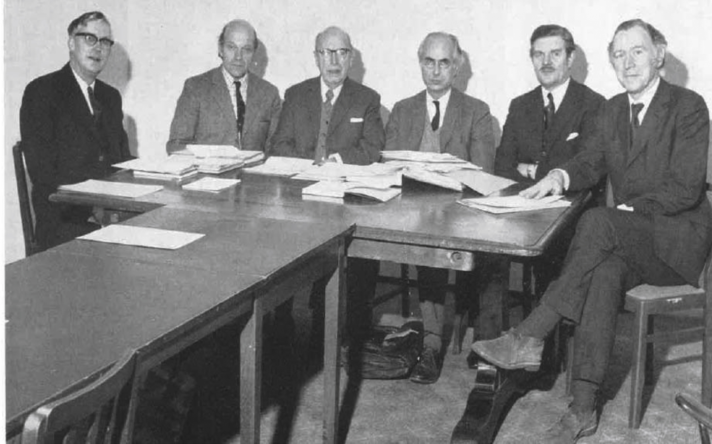 The Research Committee of the Muscular Dystrophy Group with – from the left - Professor Joe Smith (Birmingham), Professor Ian Simpson (Glasgow), Professor Fred Nattrass, Professor Sir Andrew Huxley (a Nobel Laureate and Chairman of the Committee), John Walton and Professor Victor Perry..