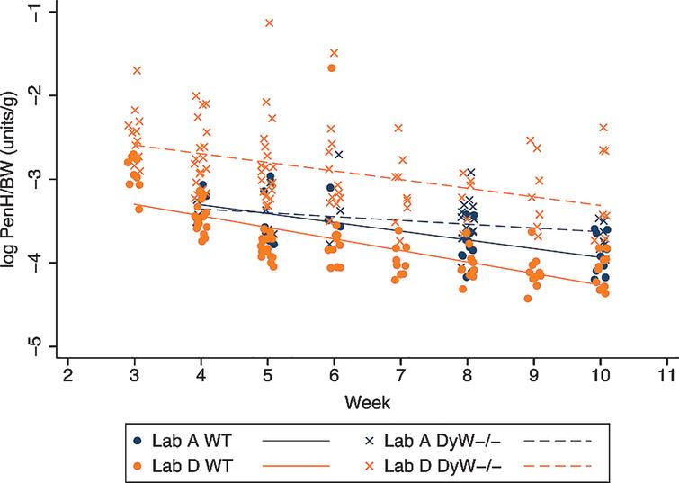 Body weight normalized PenH values over time in both DyW and WT mice. The change in logarithm transformed body weight normalized PenH values (PenH/BW) over time is shown for both WT and DyW mice from the two laboratories reporting results. Individual log PenH/BW in WT mice are represented with circles and regression lines from the mixed effects linear model are represented by solid lines. Individual log PenH/BW in DyW mice are represented with X’s and regression lines from the mixed effects linear model are represented by dashed lines.