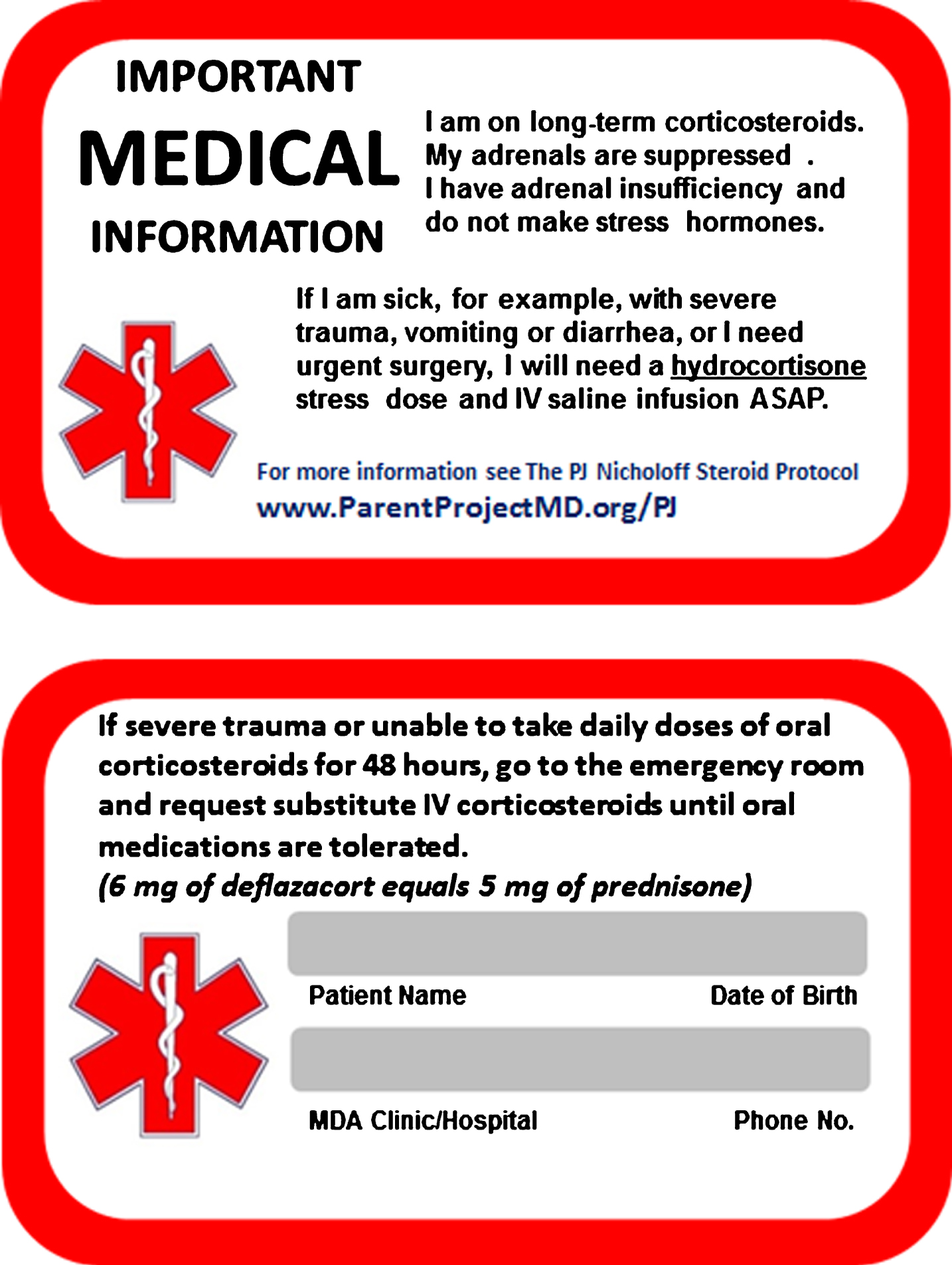 Steroid emergency card, front and back. A complete DMD emergency card that includes all aspect of care for patients with DMD is available at the Parent Project Muscular Dystrophy website [49].