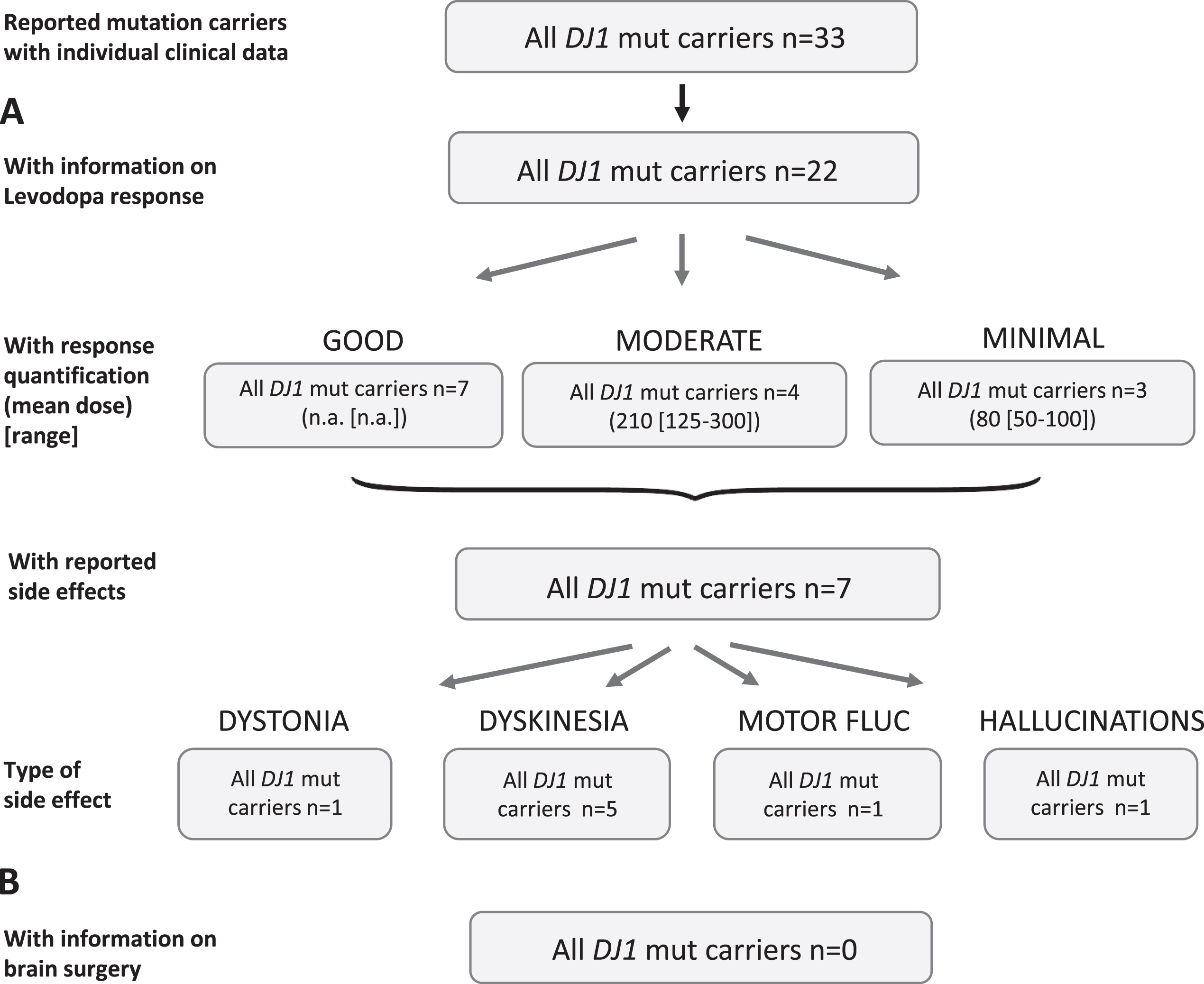 Results of the systematic literature review for DJ1 mutation carriers. A) The chart shows information on carriers of DJ1 mutations with levodopa treatment, respective response and side effects. Due to the low number of recurrent mutations, no subdivision for the most frequent mutations has been included. B) No patient with brain surgery has been reported.