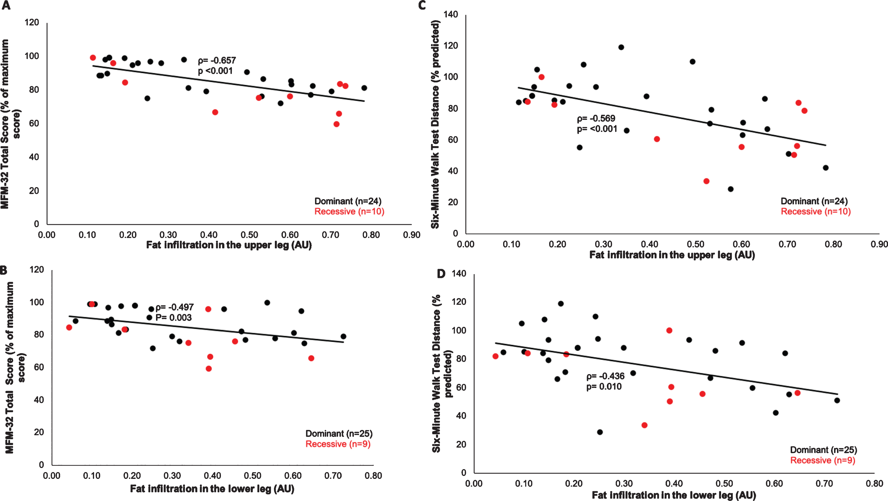 Bivariate correlations between muscle fatty infiltration and motor function in RYR1-RM. (A-B) Muscle fatty infiltration was inversely correlated with MFM-32 total score (upper leg: Spearman’s rho (ρ) = –0.657, p < 0.001; lower leg: ρ= –0.497, p = 0.003) and (C-D) 6MWT distance (upper leg: ρ= –0.569, p < 0.001; lower leg: ρ= –0.436, p = 0.010).
