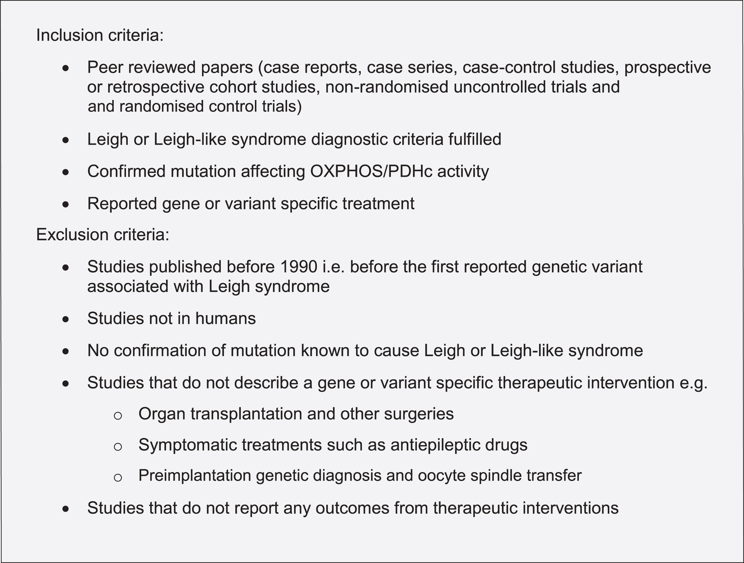 Inclusion and exclusion criteria for screening Leigh syndrome treatments.