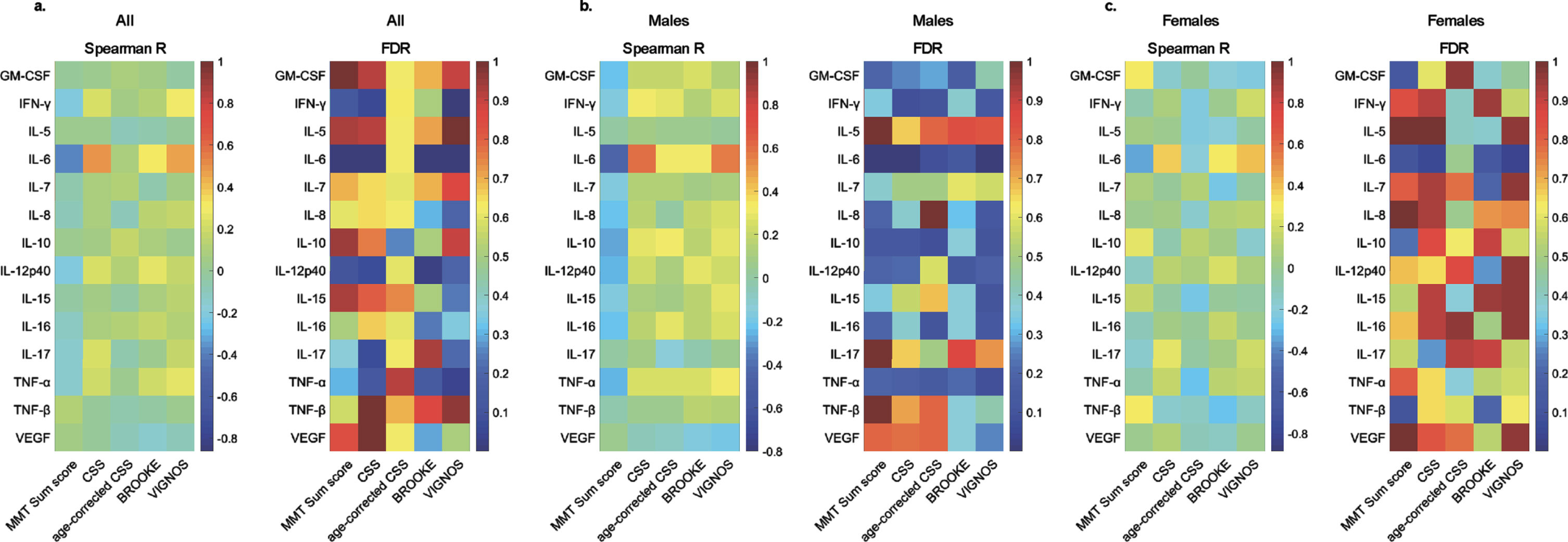 Correlations between serum cytokine levels and clinical scores in FSHD1. Heat maps of Spearman’s correlation coefficient (Spearman R) and False Discovery Rate (FDR) using Benjamini and Hochberg method for cytokines and clinical scores in all patients (a.), males (b.), and females (c.).