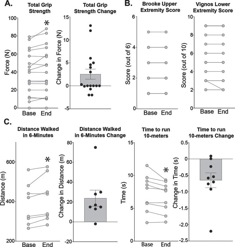 Effects of weekly steroids on functional measures. (A) Grip strength increased from 38.6 (±5.9) to 41.1 (±6.5) N (n = 17, p = 0.040). (B) Brooke’s scale scores evaluate upper extremity function and range from 1 (least severe) to 6 (most severe). There were no changes in Brooke scores. Vignos scores evaluate lower extremity function and range from 1 (least severe) to 10 (most severe). One patient had a change in Vignos score with improvement from 3 to 2. (C) Participants able to ambulate improved in distance walked in six minutes from 386 (±37) to 410 (±40) meters (n = 8, p = 0.016). Participants ran ten meters faster, with a decrease in the time from 7.32 (±0.92) to 6.67 (±0.77) seconds (n = 9, p = 0.019). Histograms depict single values and mean+/- SEM; curves depict individual participant changes; *P < 0.05 vs baseline; paired t-test, nonparametric, Wilcoxon matched-pairs signed rank test.