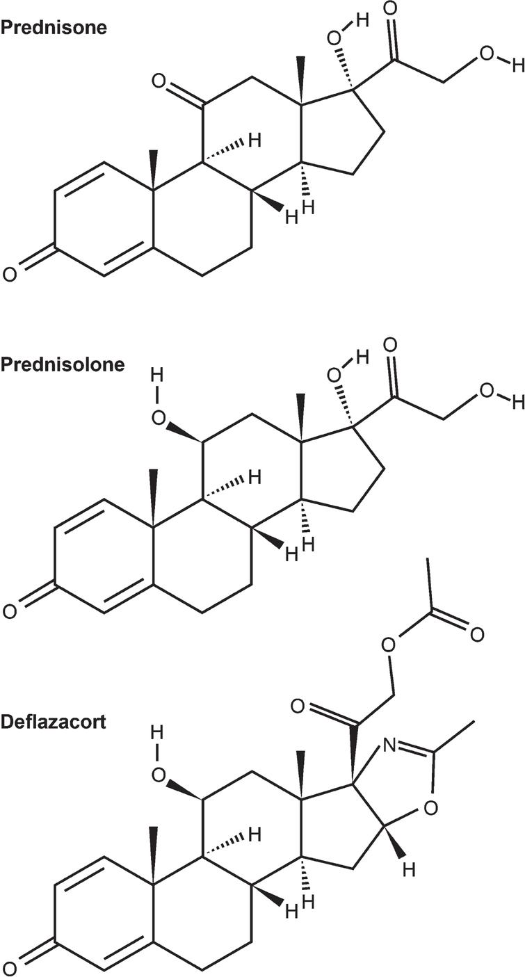 Structures of prednisone, prednisolone, and deflazacort, as listed in the PubChem database [70].