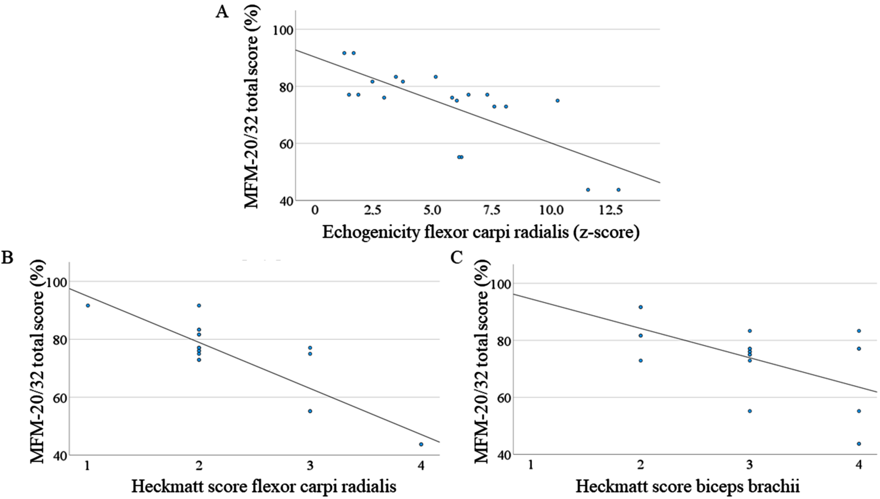 Correlation between MFM-20/32 total score and muscle ultrasound (echogenicity and Heckmatt score). (A) Correlation between the z-score of echogenicity of flexor carpi radialis muscles and the total MFM-20/32 score (Pearson’s correlation, –0.750, p < 0.01). (B) Correlation between Heckmatt score of flexor carpi radialis muscles and the total MFM-20/32 score (Pearson’s correlation, –0.874, p < 0.01). (C) Correlation between Heckmatt score of biceps brachii muscles and the total MFM-20/32 score (Pearson’s correlation, –0.576, p < 0.01). MFM-20/32 = Motor Function Measurement 20/32.