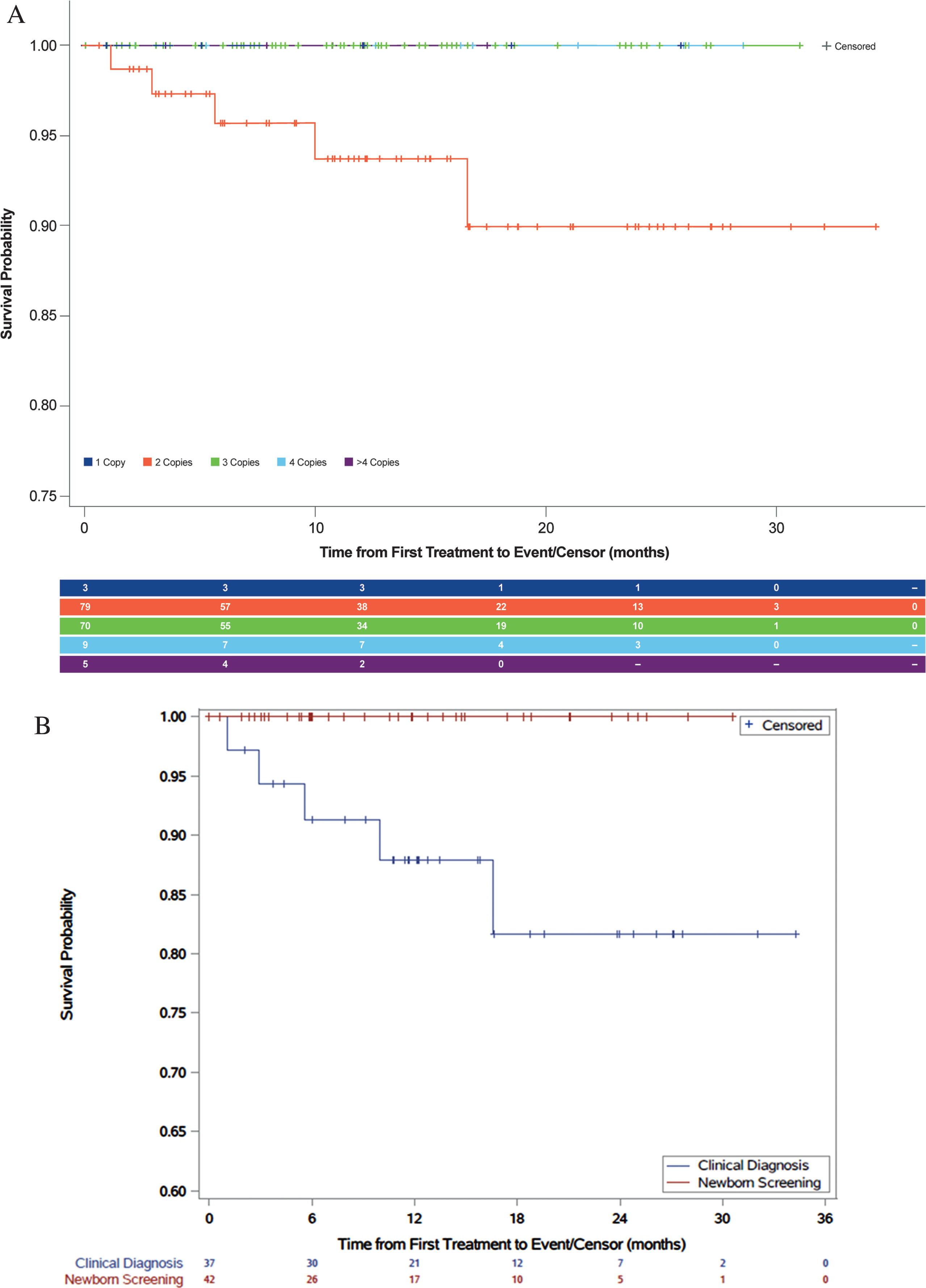 Event-free survival: patients treated with onasemnogene abeparvovec (A) by SMN2 copy number and (B) patients with two copies of SMN2 gene identified by newborn screening or clinical diagnosis.