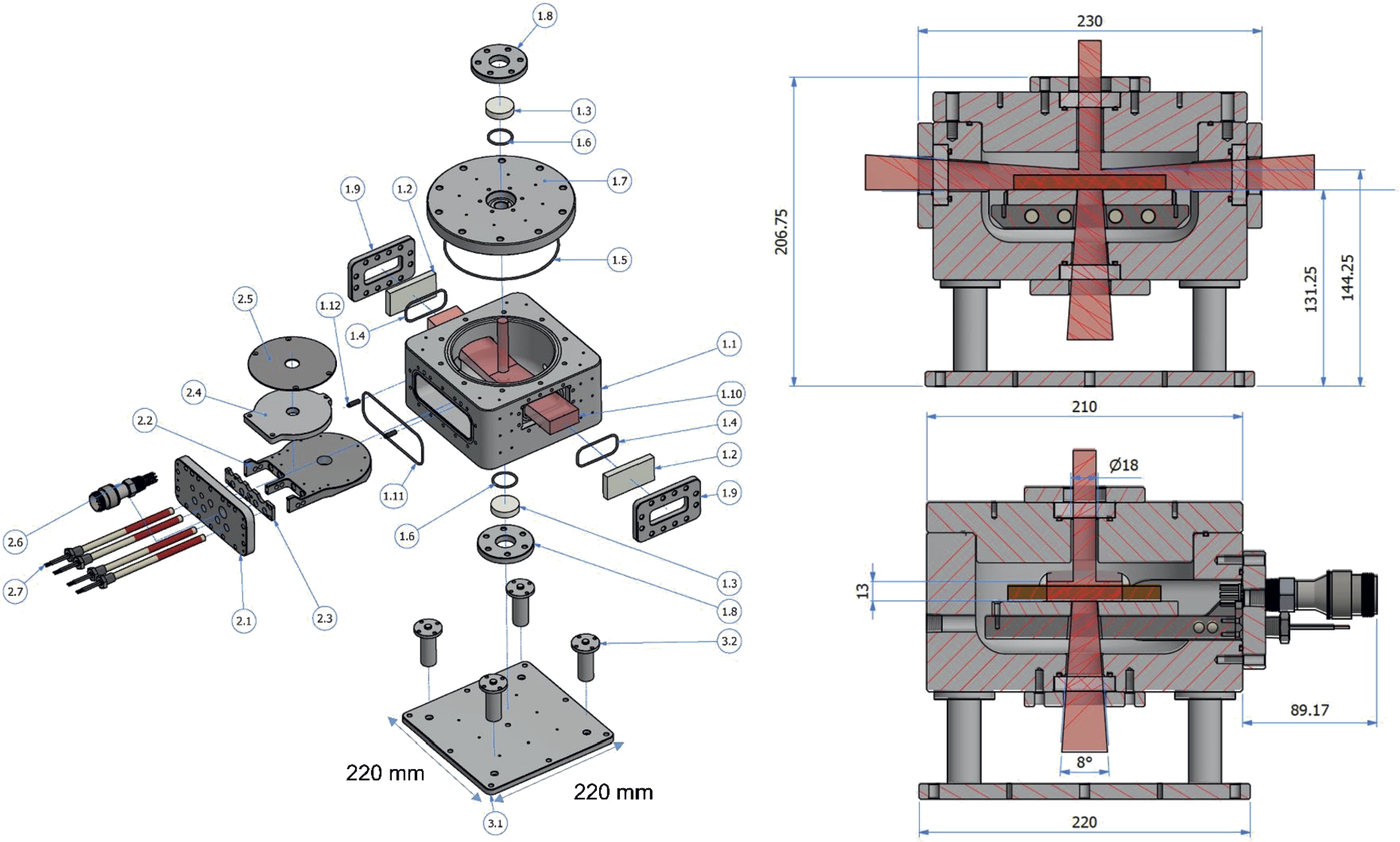 (left) Exploded view of the pressure and temperature controlled cell. (right) Schematics of the cell in NR and SANS mode in which the beam is illustrated. The cell consists of three main components: (1) the cell body including the lid, the (2) insert and the base plate (3.1) with cylindrical posts (3.2). Unless stated otherwise, the components are made from aluminum. The cell body consists of (1.1) main body, (1.2) quartz windows for reflectometry, (1.3) quartz windows for SANS, (1.4) Kalrez O-Ring 55.25 × 2.62 mm2, (1.5) Kalrez O-Ring 158.42 × 2.62 mm2, (1.6) Kalrez O-Ring 29.82 × 2.62 mm2, (1.7) lid, (1.8) aluminum plate to clamp the quartz windows for SANS (1.9) and reflectometry (1.10), (1.11) Kalrez O-Ring 29.82 × 2.62 mm2, (1.12) parallel pin (dowel pin). (2.1) Back plate for the insert, (2.2) stainless steel heating plate, (2.3) stainless steel holder plate, (2.4) sample support plate, (2.5) clamp for SANS samples, (2.6) multipin connector, (2.7) heating rods. The drawing is to scale and the red shading illustrates the neutron beams when the cell is used for reflectometry and SANS (1.10). The dimensions are indicated in mm.