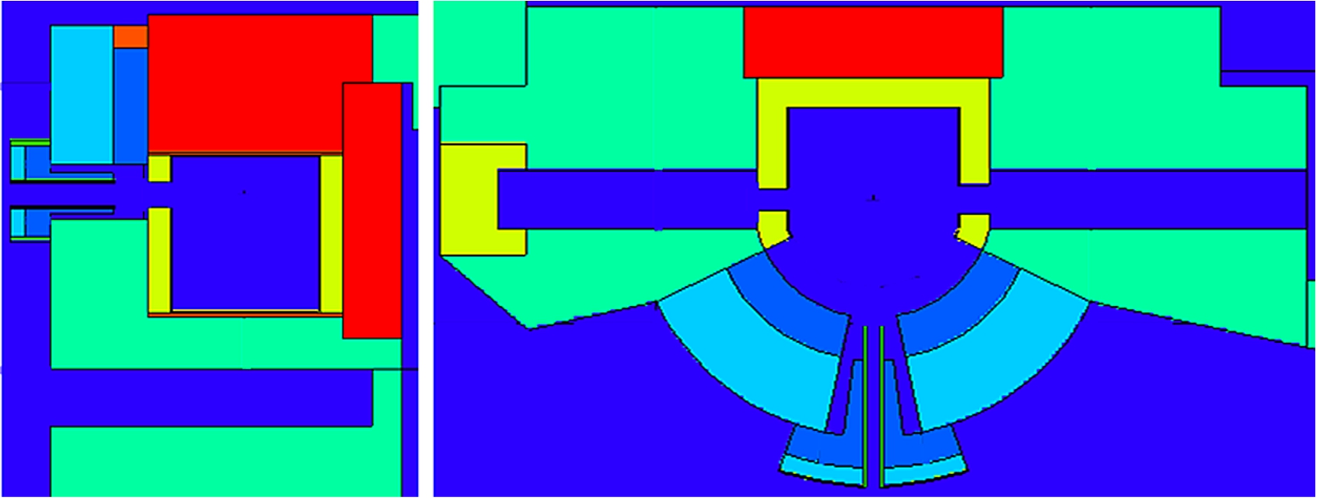 Structure of entire monochromator shield: YZ plane(Left) and XY plane(Right) in MCNP [7].