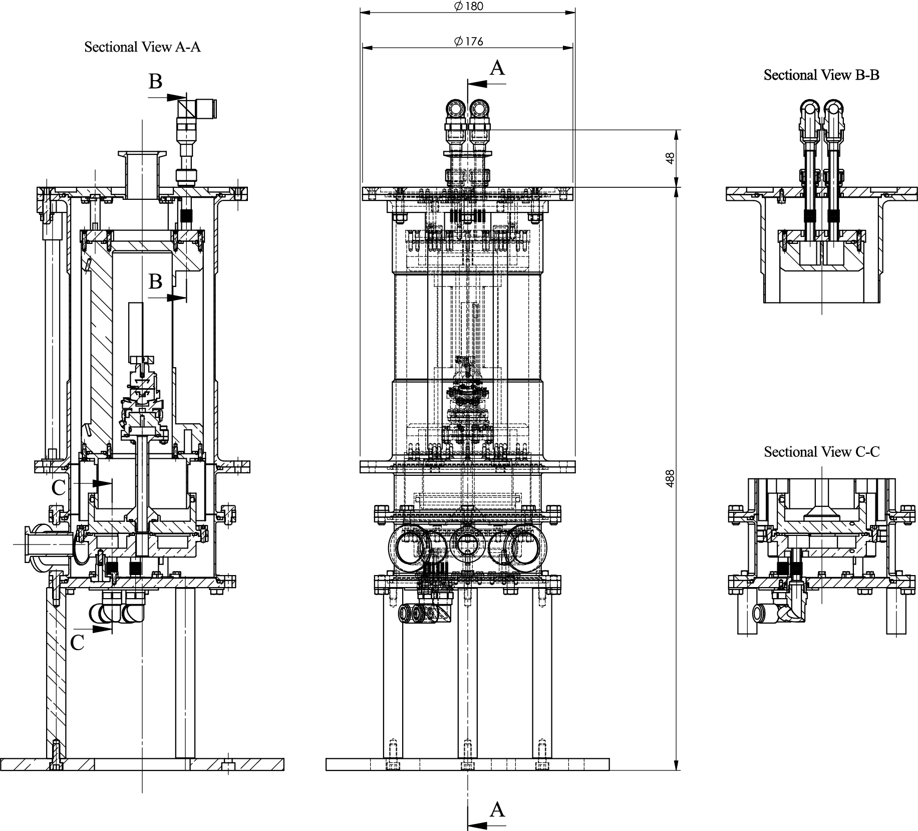 Drawings of the humidity chamber produced with SolidWorks [7]. Sectional view A-A shows the interior of the cell and sectional views B-B and C-C show respectively details of the circuitry of the upper (sample) and lower (water bath) parts of the chamber.