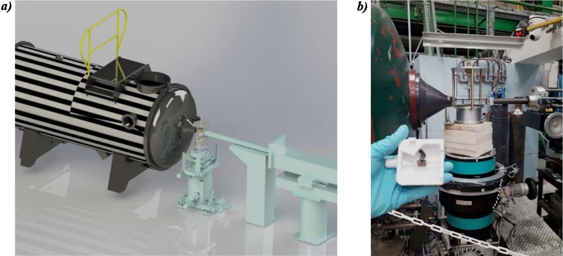 a) 3D model of the LLB SANS instrument PAXY. From right to left, the neutron guide (in turquoise blue), the one sided-NMR spectrometer (at the center of the picture on a) and b)) and the neutron detector box (zebra) are shown. b) Real picture of the central part modelized in a). The NMR magnet is seen in the middle of the picture and the NMR-neutron probehead is shown at the forefront. The copper NMR coil surrounding the Hellma® cell is set in place. The NMR console (not shown) was 2 meters away from the sample position.