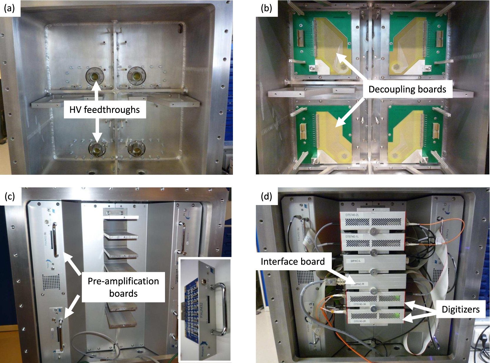 Front-end electronics at various assembly stages: (a) electronics enclosure with HV feedthroughs, (b) decoupling boards connnected to the HV feedthroughs, (c) pre-amplification cards connected to the decoupling boards, (d) digitizers and interface boards mounted in the enclosure.