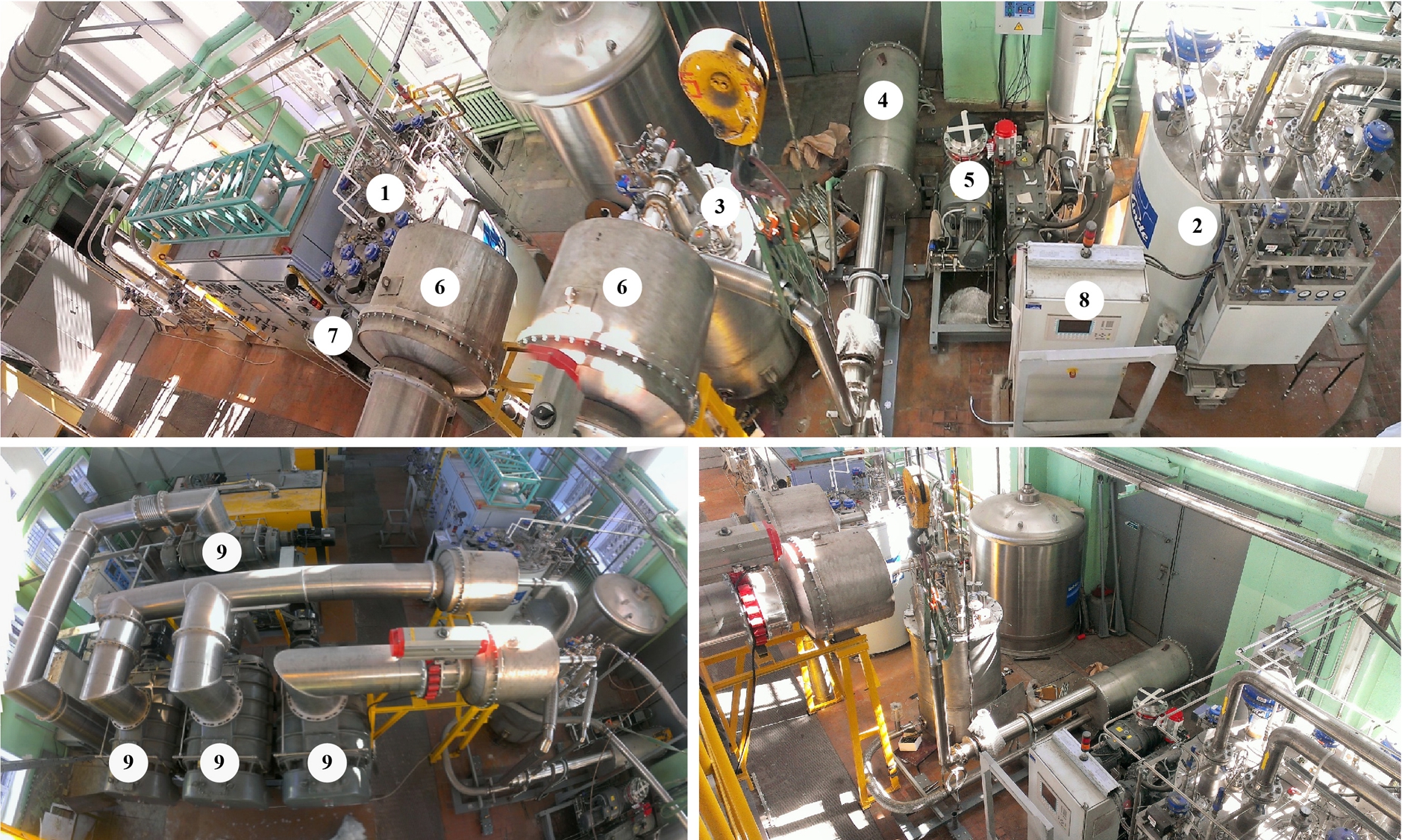 UCN source mockup at the WWR-M reactor (1 – helium liquefier L-280; 2 – helium refrigerator TCF-50; 3 – helium cryostat; 4 – UCN source model; 5 – pumping unit for isotopically pure 4He gas; 6 – helium vapor heaters; 7 – liquefier control cabinet; 8 – refrigerator control cabinet; 9 – helium roots pumps).