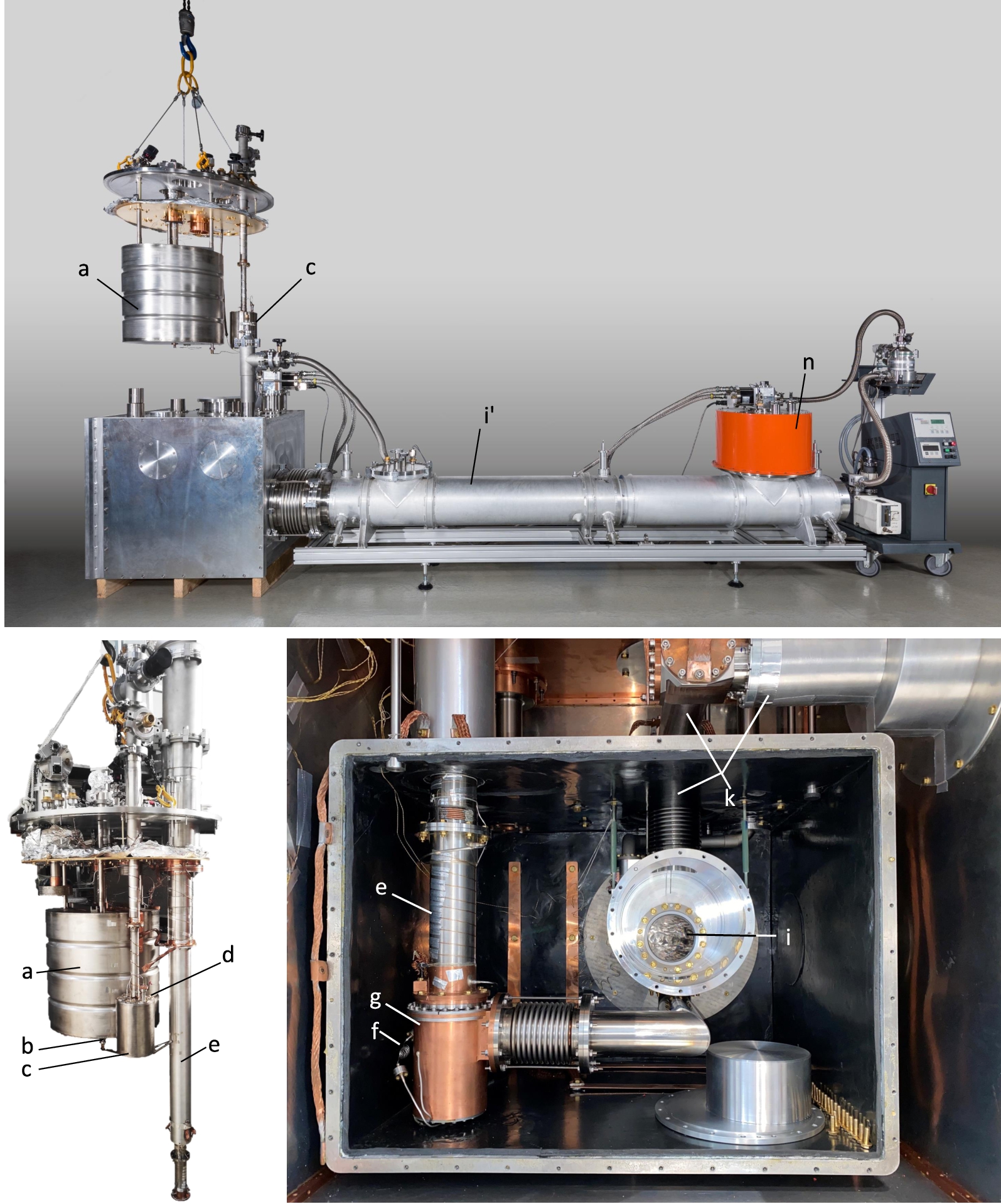 Pictures of SuperSUN with the same labeling as in Fig. 1: (a) the 100 L liquid helium bath, (b) the needle valve, (c) the 1-K pot, (d) the superleak, (e) the 3He pumping column, (f) the 3He impedance, (g) the 3He/4He heat exchanger, (i) the superfluid conversion volume, (i’) vacuum vessel containing the thermally screened conversion volume, (k) the UCN extraction system, (n) the 4-K cryostat. Credit top photo: Ecliptique – Laurent Thion.