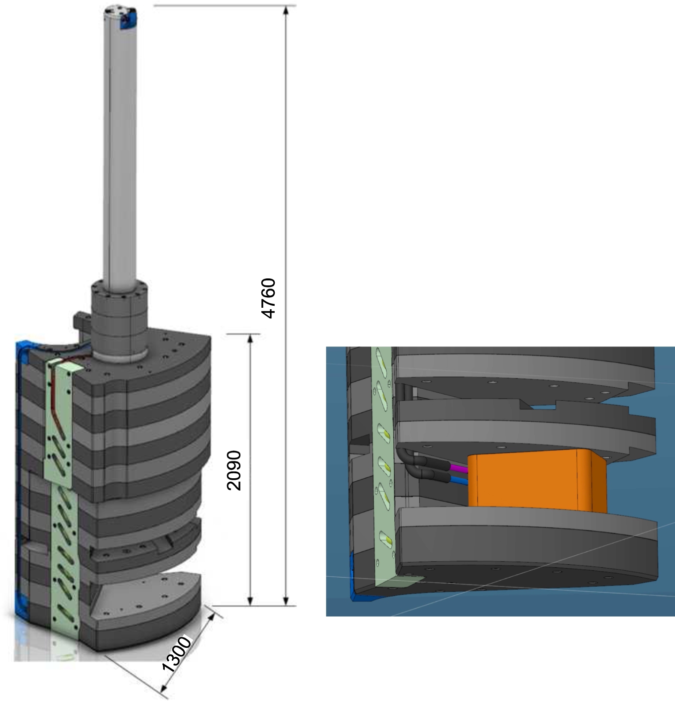 Location option #2 for a UCN/VCN source. Left: moderator shielding block. Right: possible UCN/VCN source holder (orange) integrated in the lower part of the moderator shielding block. Dimensions in mm.