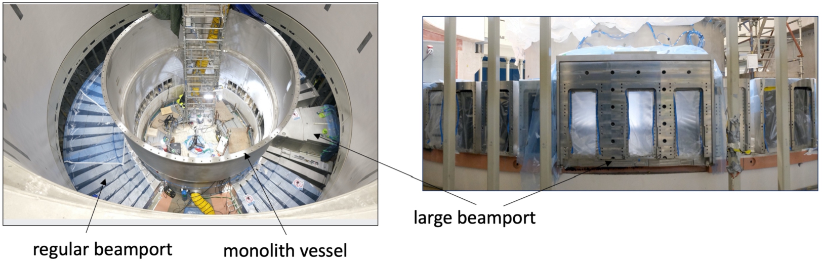 Left: View of the beamport tubes and the monolith vessel during installation (photograph taken in November 2021). The space above the beamport tubes is to be filled with permanent shielding blocks; the 2.7-m radius vessel will eventually host the target wheel, the twister and MCB and other components and shielding blocks. Right: front view of the large beamport frame during installation.