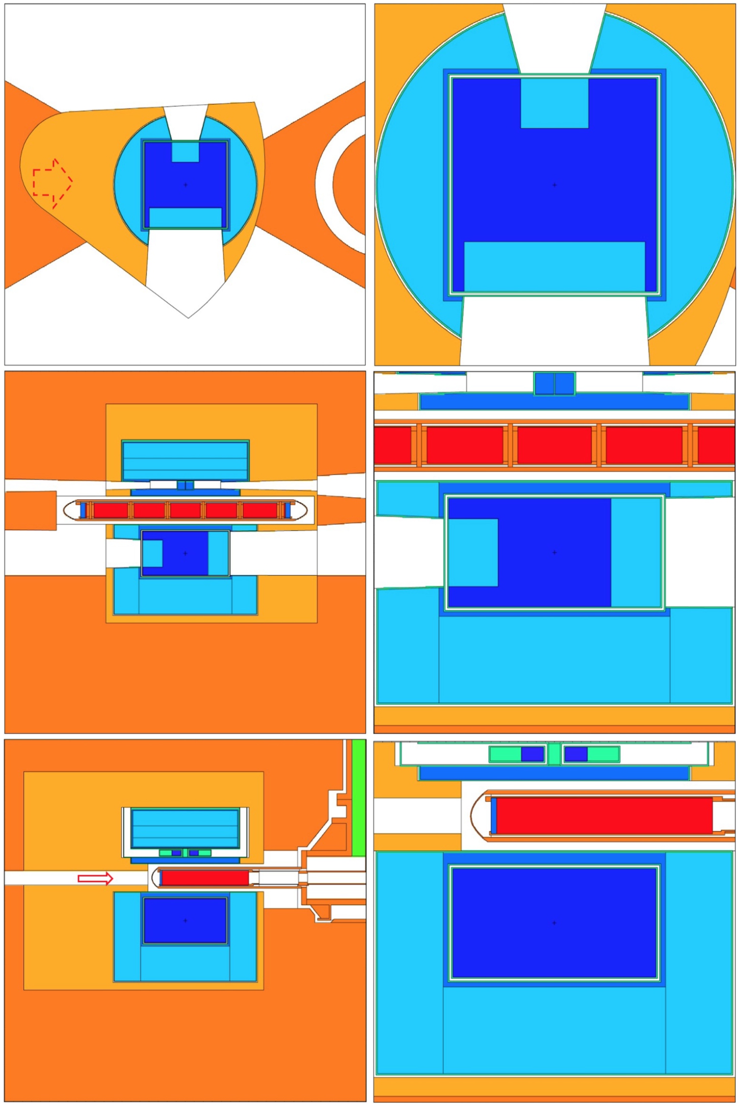 Graphical representation of the baseline design for the LD2 moderator submitted to WP5 for engineering studies. The color codes are the following: orange: steel (twister frame, inner shielding, etc); dark blue: liquid ortho-deuterium; blue: light water; light blue: beryllium; green: aluminum. Note that cold Be filters and ambient Be reflector are shown using the same color; the same note applies to Al. The direction of the incoming proton beam is indicated in the upper and lower left figures (for the upper left figure, the dashed arrow means that the proton beam is at a different vertical level).