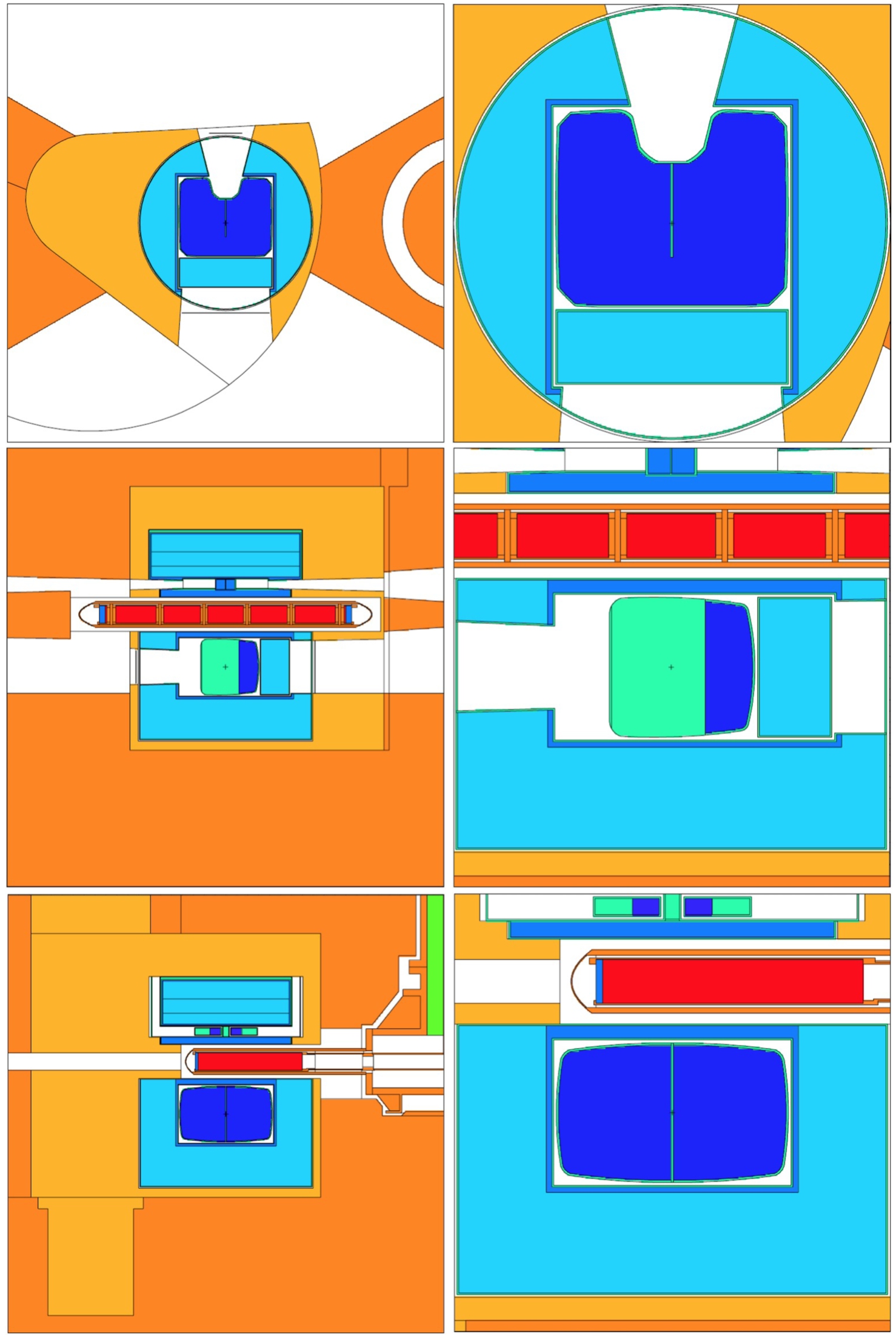 Graphical representation of the final design for the LD2 moderator with an U-shaped reentrant hole, separated Be filter and LD2 and rounded walls. The color codes are the following: orange: steel (twister frame, inner shielding, etc); dark blue: liquid ortho-deuterium; blue: light water; light blue: beryllium; green: aluminum. Note that cold Be filters and ambient Be reflector are shown using the same color; the same note applies to Al.