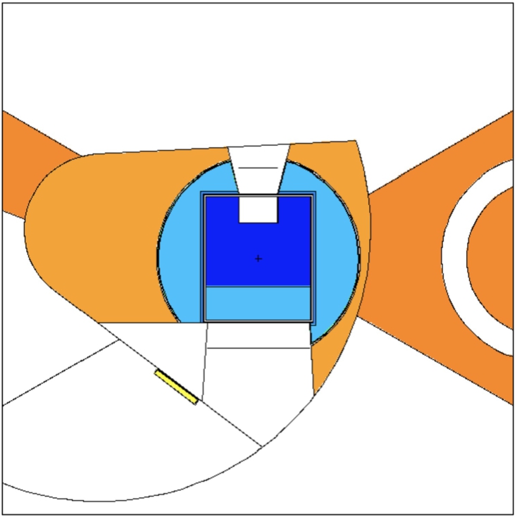 An example of integration of primary cold neutron source made of LD2 and secondary UCN source made of SD2. LD2 is depicted by dark blue color and SD2 is depicted by yellow color. The Be filter on NNBAR opening is depicted by the light blue color.