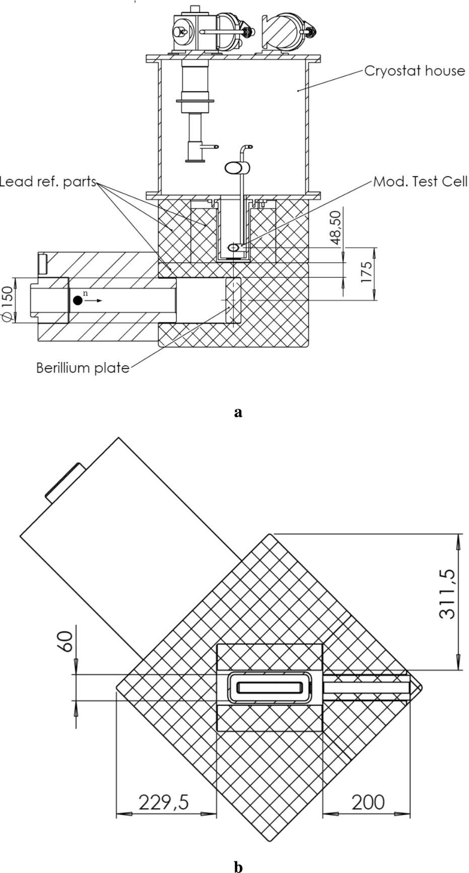 Section drawings of the lead reflector-moderator block at the CMTF. (A) vertical section (b) horizontal section at the height of the moderator vessel.
