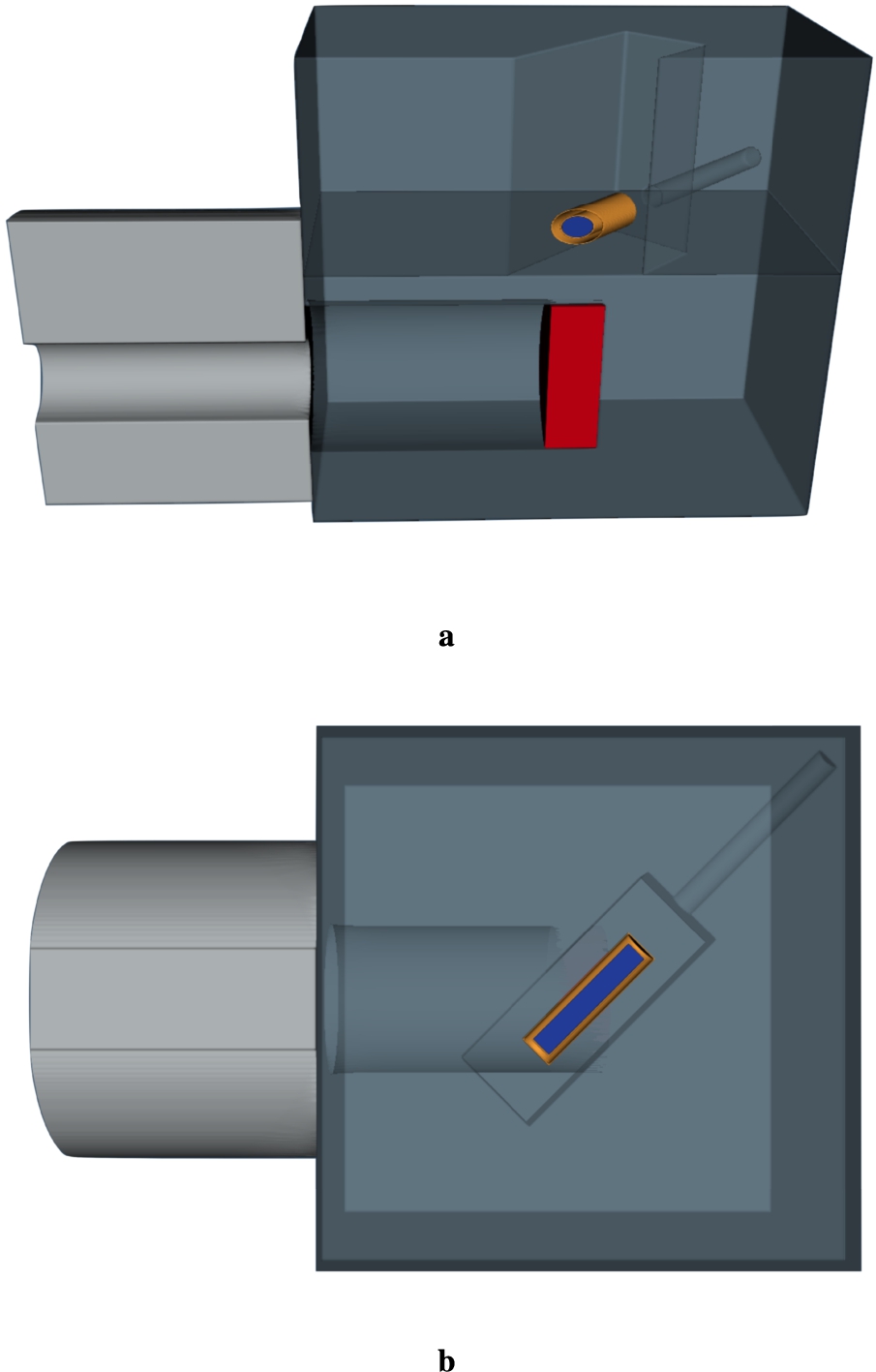 MCNP model of the lead reflector-moderator block at CMTF produced according to the engineering drawings in Fig. 203. (A) vertical section (b) horizontal section at the height of the moderator vessel.