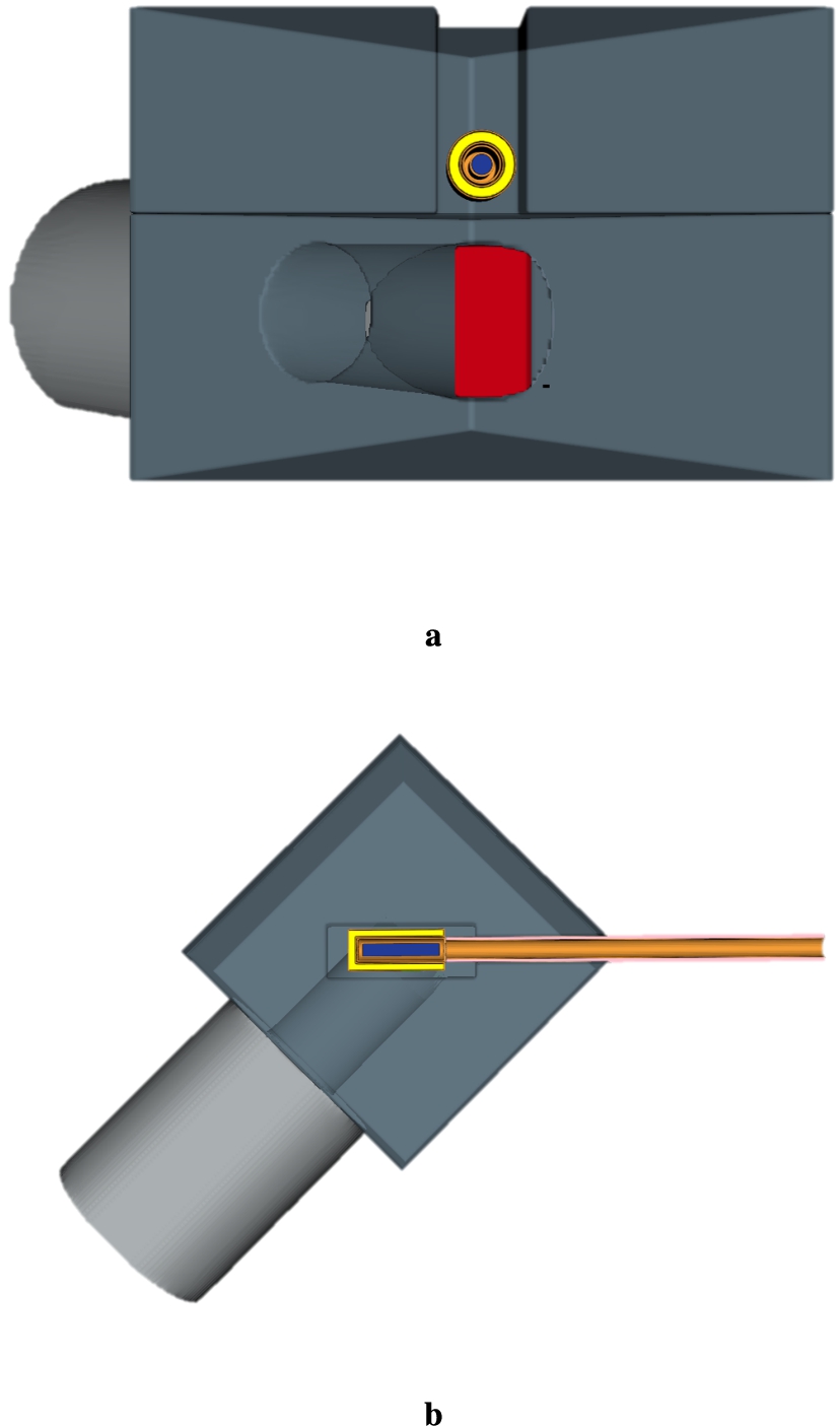MCNP model of the lead reflector-moderator block for the HighNESS experiment. (A) vertical section with a view of the reflector (b) horizontal section at the height of the moderator vessel with a view of the extraction system.