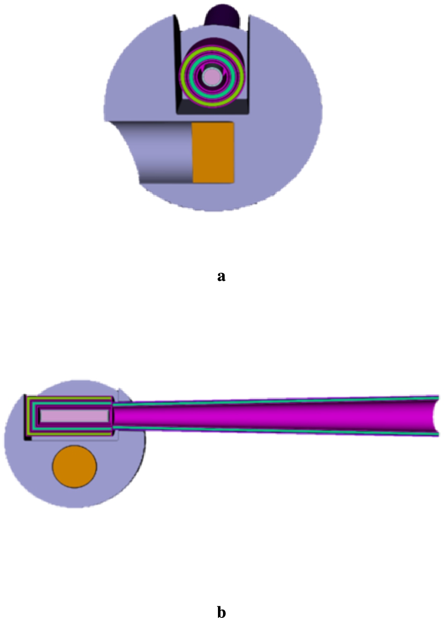 MCNP toy model of the lead reflector-moderator block for the HighNESS experiment. (A) vertical section parallel to the neutron beam with a view of the reflector (b) section perpendicular to the neutron beam with a view of the extraction cone.