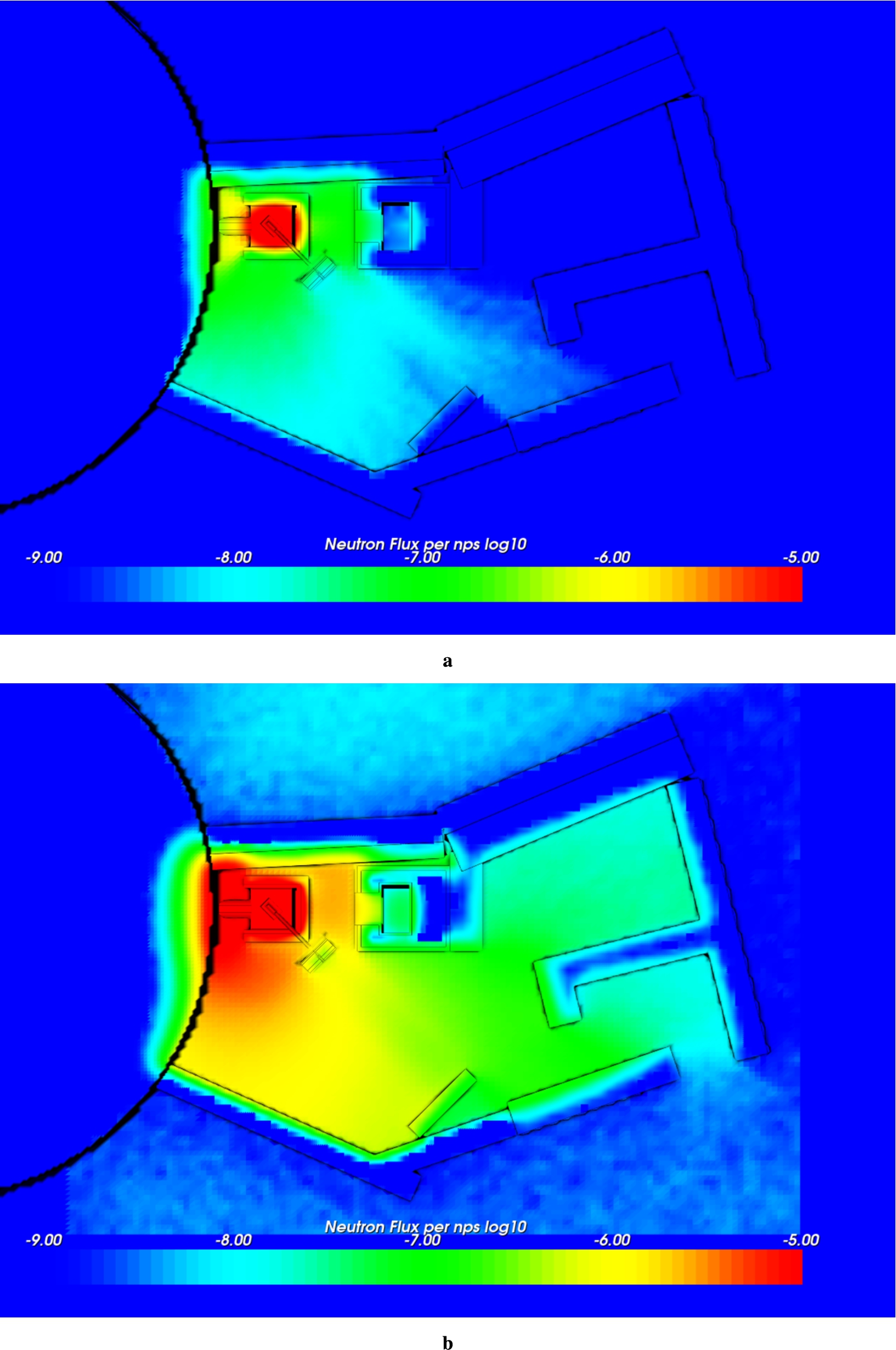 Neutron flux map at the moderator height with a spatial resolution of 10 cm × 10 cm × 10 cm for (a) fast neutrons (1 MeV to 100 MeV) (b) epithermal neutrons (81.8 meV to 1 MeV). Units are n/cm2/nps in log scale.