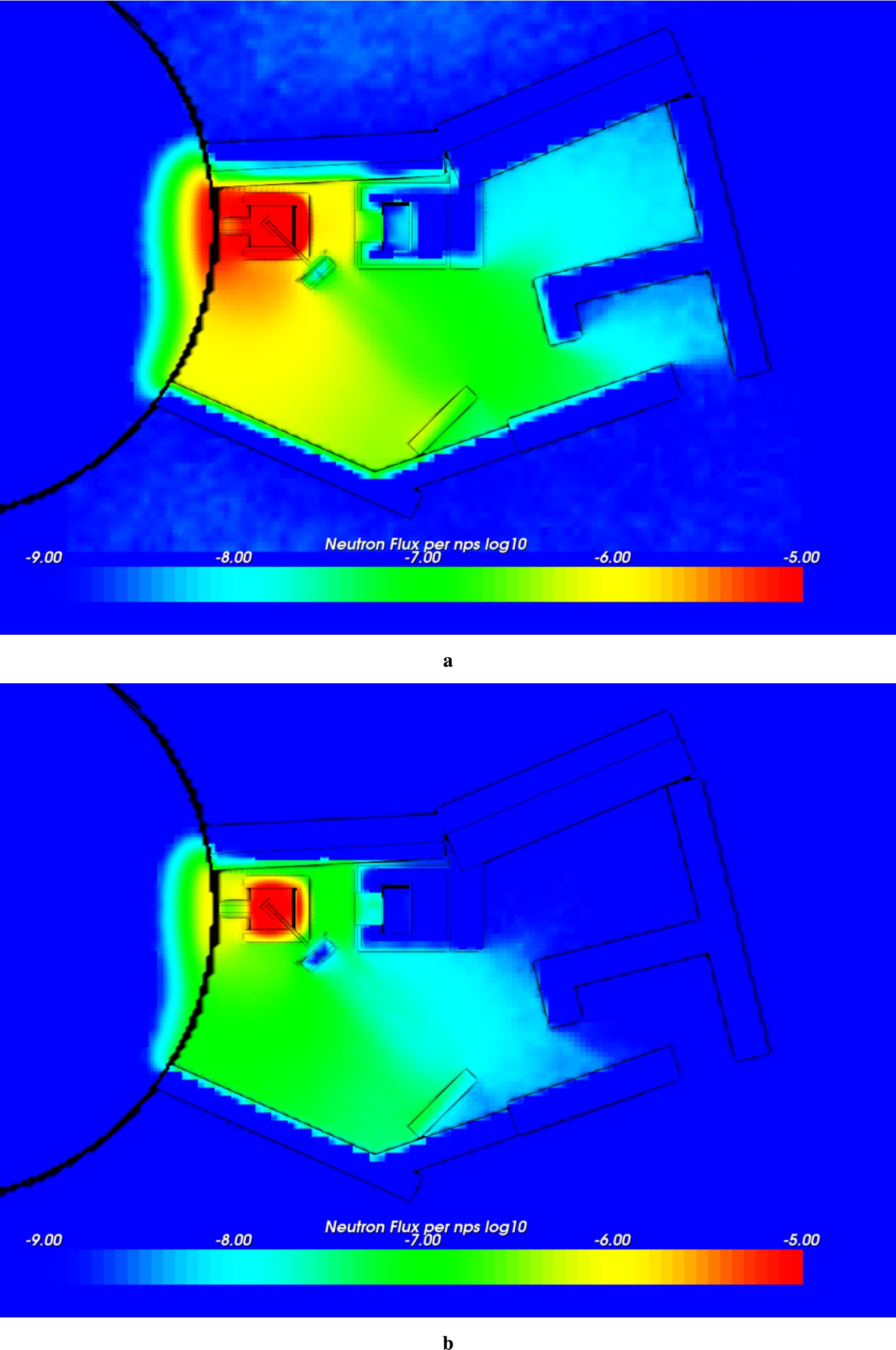 Neutron flux map at the moderator height with a spatial resolution of 10 cm × 10 cm × 10 cm for (a) thermal neutrons (13 meV to 81.8 meV) (b) cold neutrons (5.11 meV to 13 meV). Units are n/cm2/nps in log scale.