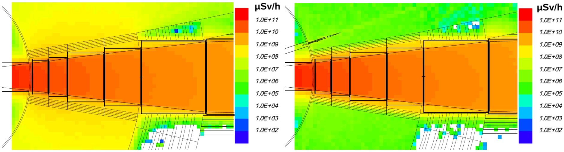 Radiation dose map of the inside the bunker close to the LBP. Left: radiation dose map without additional shielding. Right: dose map with 40 cm thick walls of heavy concrete around the NNBAR beamline.