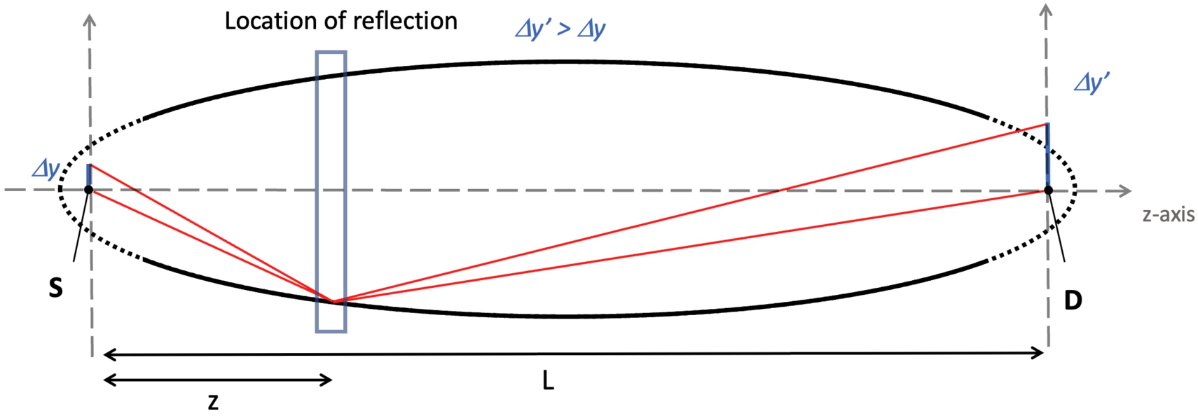 Off-axis magnification of an elliptical reflector. The origin at the source S in the left focal point, L is distance between focal points and to the detector D, and z is the coordinate of reflection along z-axis. Ghe off-axis height at the source is given by Δy′, and Δy′ is the height at the detector.