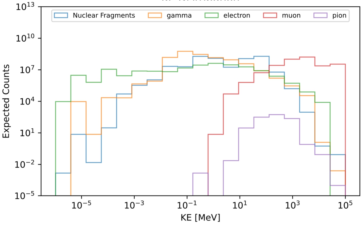 The kinetic energy (KE) distribution of electrons, muons, pions, gammas, and nuclear fragments. The y-axis represents the expected counts of such particles within a given KE range over a three-year operational period.