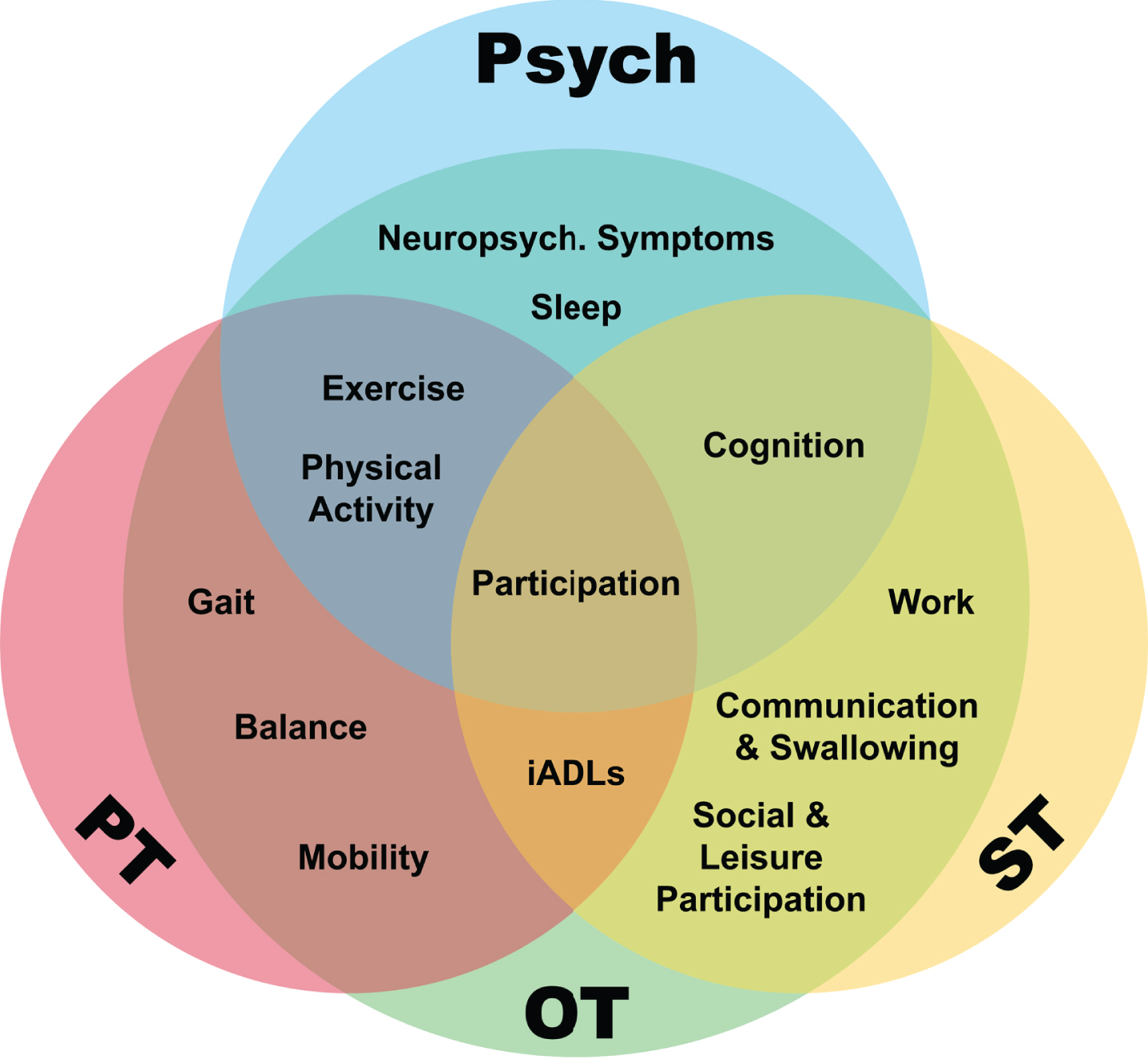 A transdisciplinary model demonstrating overlap between allied health disciplines and many of the target areas they address in early Parkinson’s disease. PT, physical therapy; OT, occupational therapy; ST, speech and language therapy; iADLs, instrumental activities of daily living.